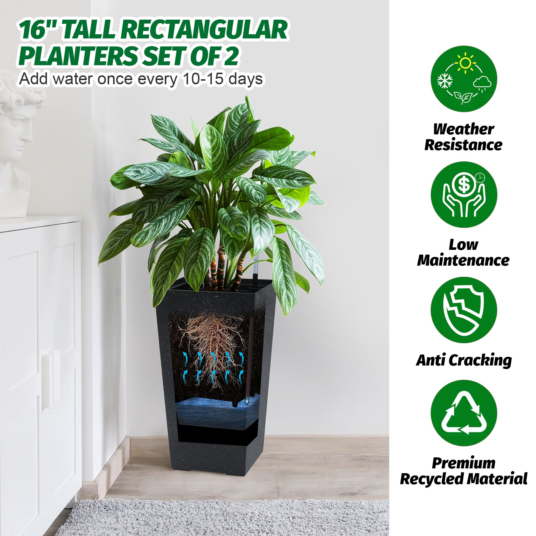 Garvee Set di 2 fioriere alte 57.15 cm con irrigazione automatica e monitor del livello dell'acqua per balcone e terrazza, pois bianchi e neri, plastica resistente alle intemperie