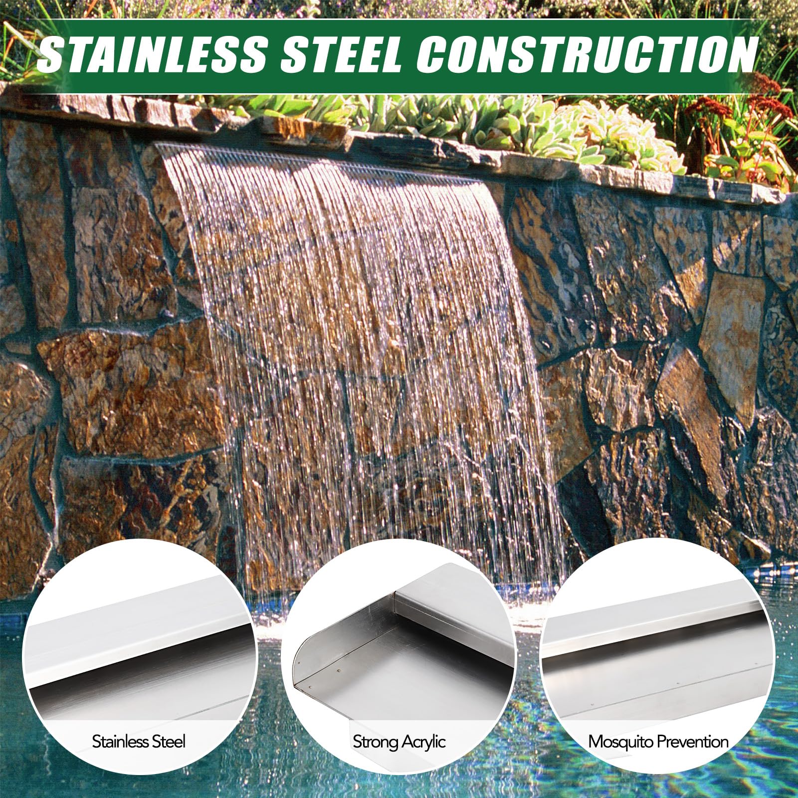Fontana per piscina Garvee in acciaio inox con cascata, 45 x 11,4 x 8 cm, antiruggine, per giardino e piscina