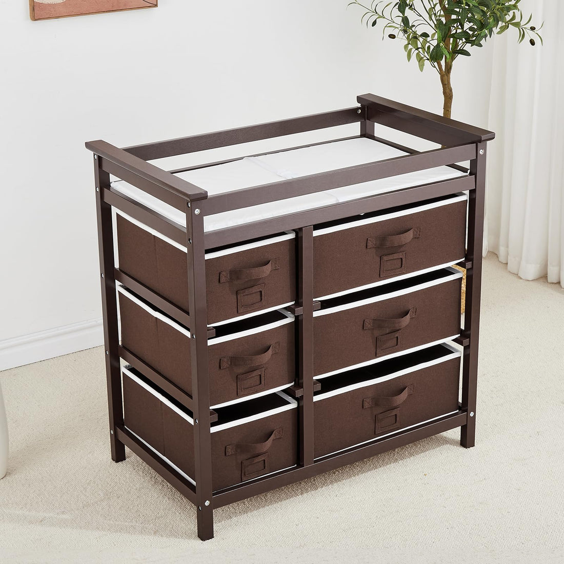 Fasciatoio Garvee con 6 cassetti, sponde di sicurezza, altezza regolabile per neonati e bambini, legno, tappetino impermeabile, facile da pulire