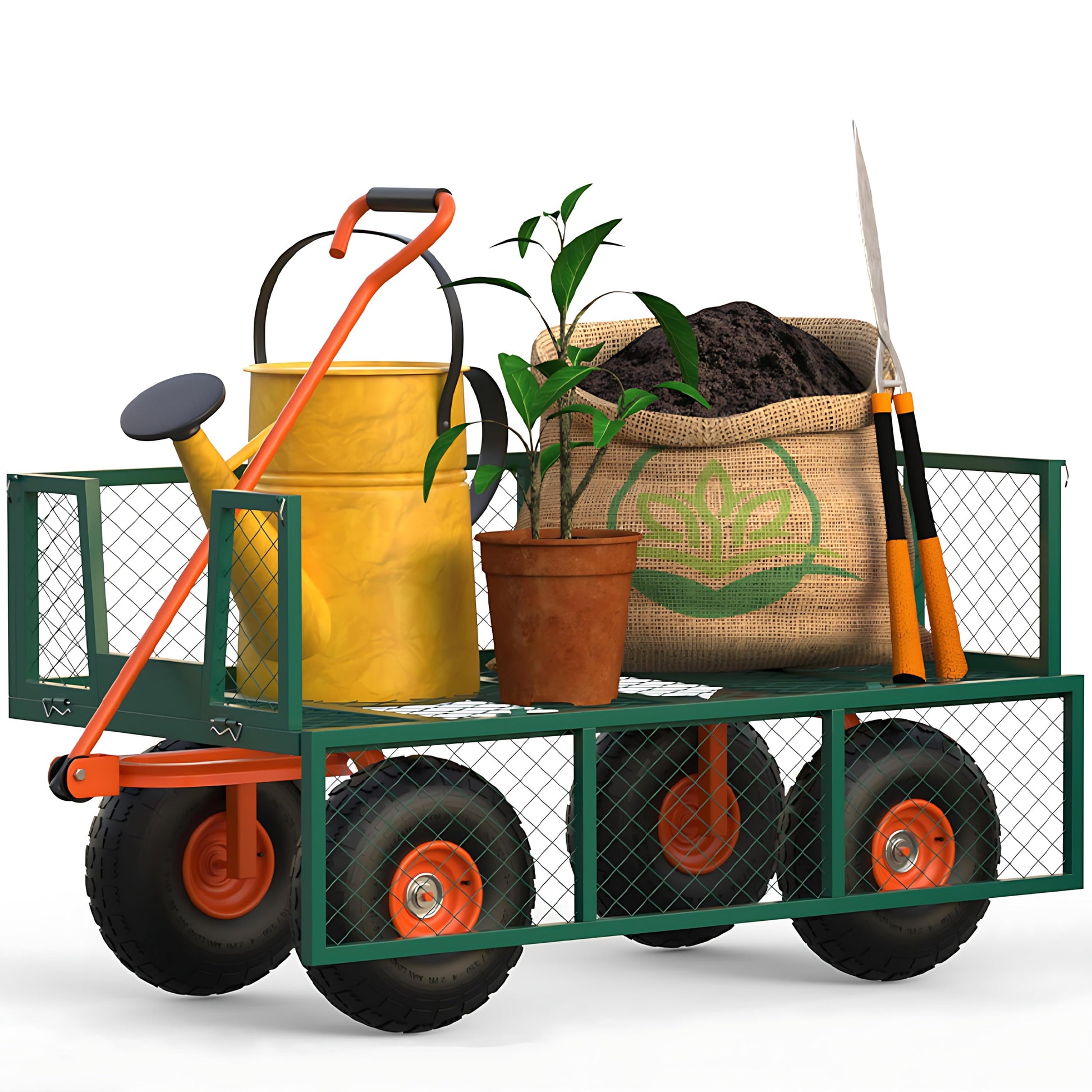 Carrello da giardino in acciaio Garvee con ruote da 10 pollici, capacità di carico di 500 libbre, lati rimovibili, maniglia girevole a 180°, robusto verde/arancione per giardino e cortile