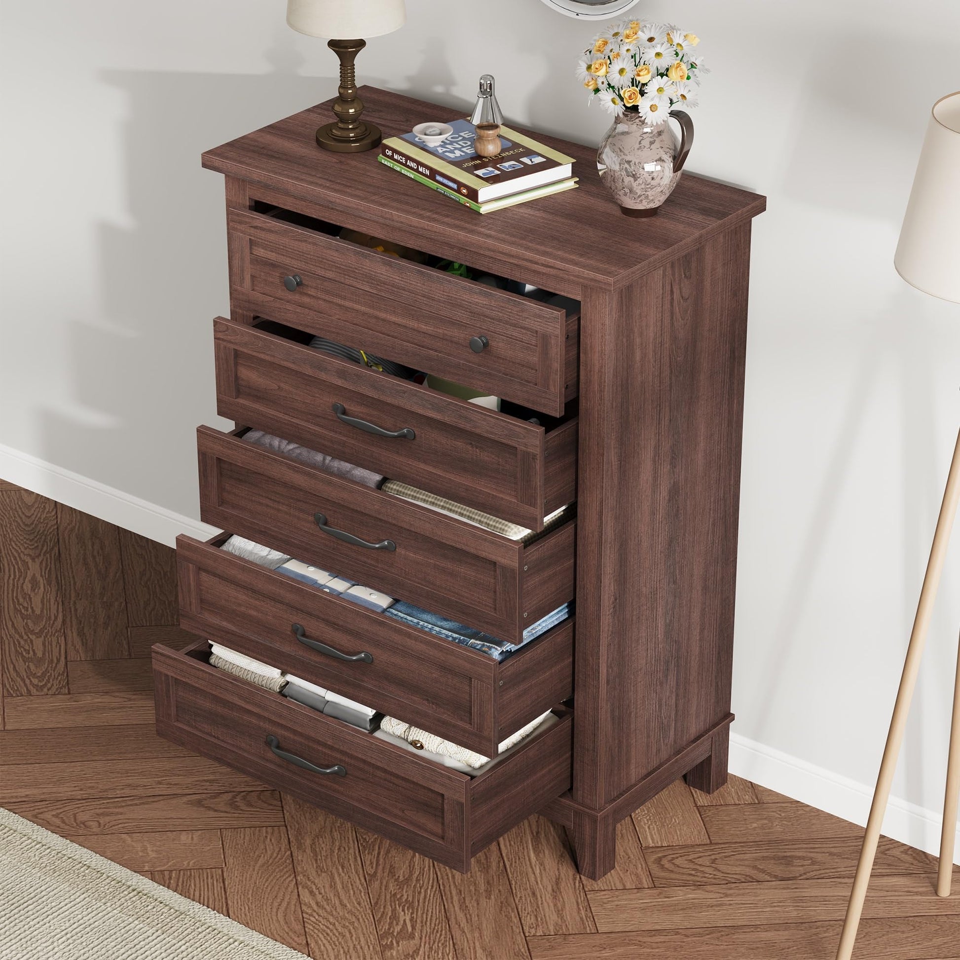 Cassettiera Garvee a 5 cassetti, in legno di noce, per camera da letto e soggiorno, grande, moderna, rustica, MDF, impermeabile, protezione antiribaltamento