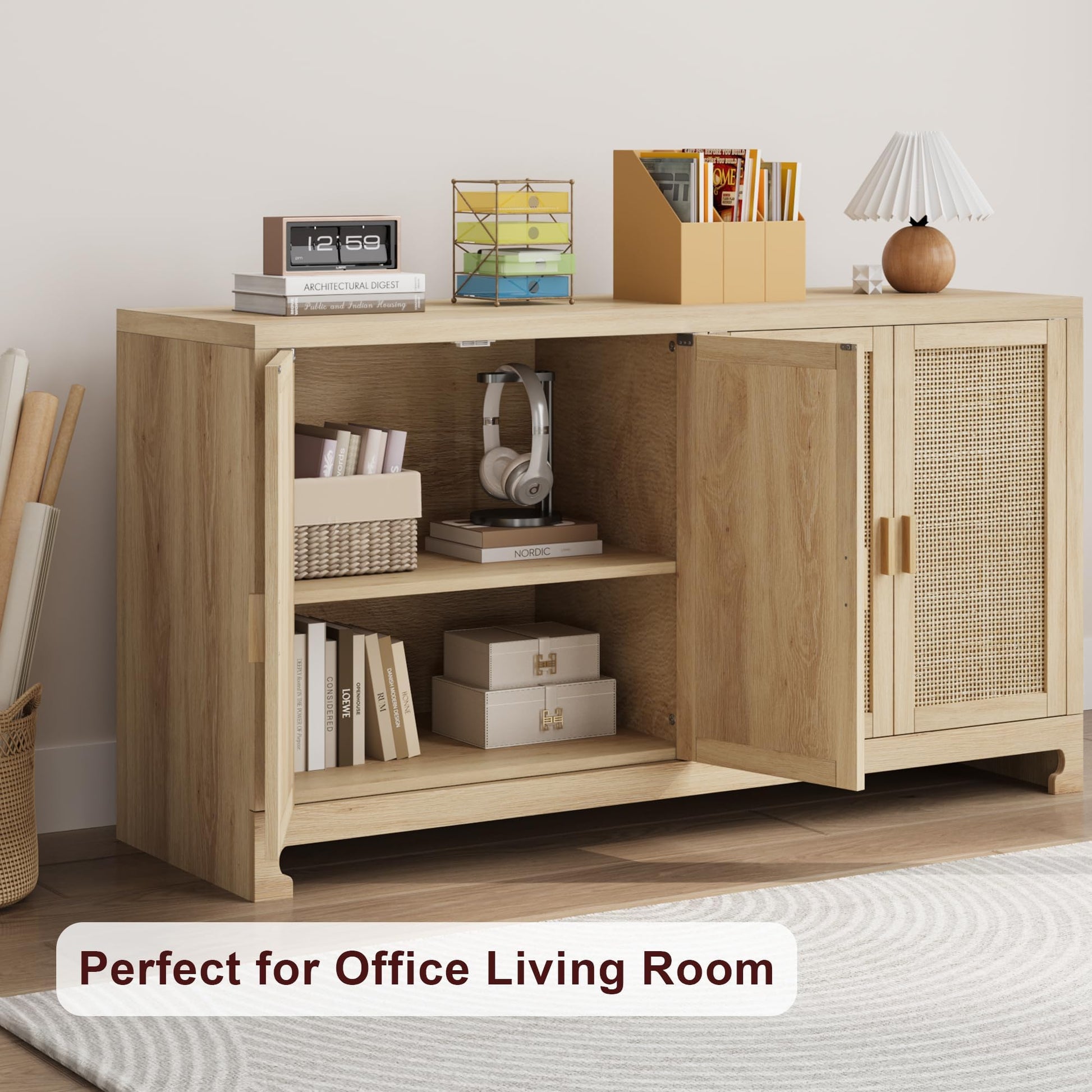Mobiletto portaoggetti moderno in stile boho Garvee da 40 pollici con ante in rattan intrecciato, ripiano regolabile per soggiorno e cucina, bianco marrone, compatto