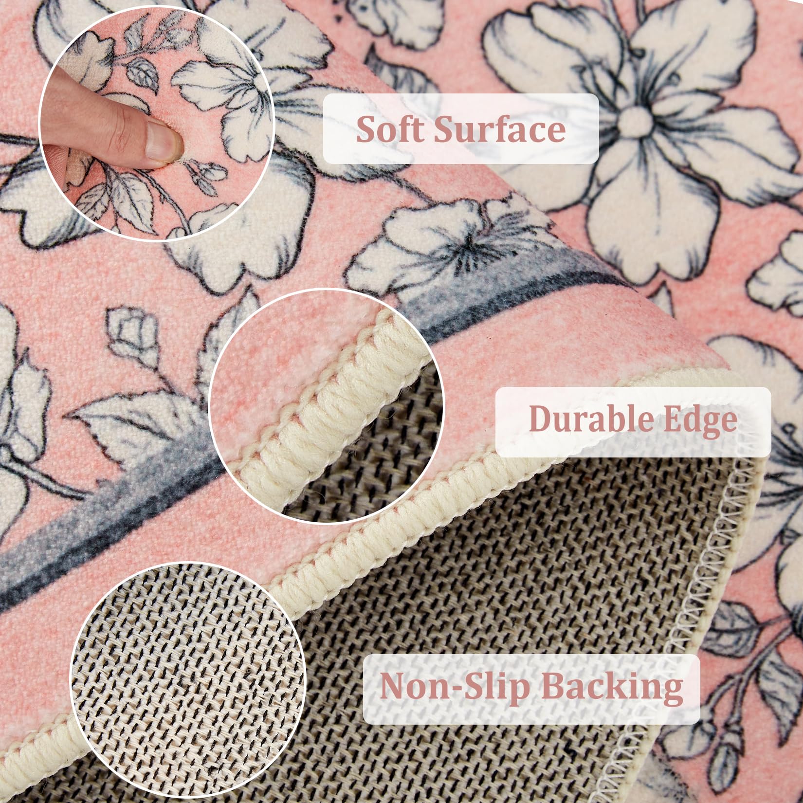 Tappeto per soggiorno Garvee lavabile con motivo floreale vintage, pelo corto, antiscivolo, morbido, grande, 160x230 cm, rosa