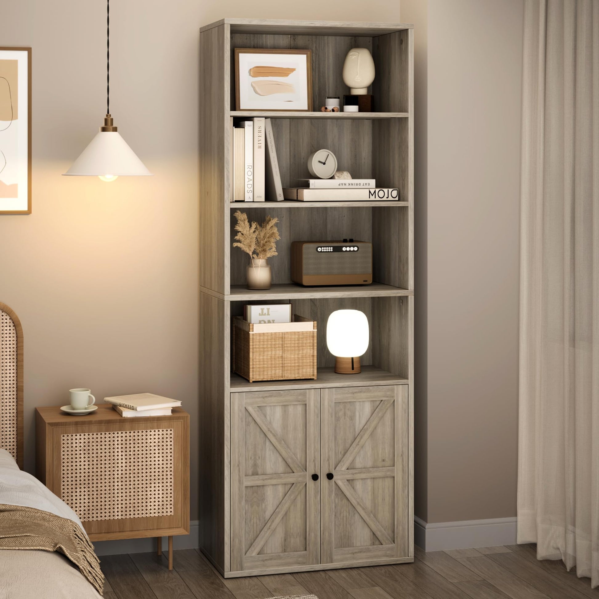 Libreria Garvee con ante, stile industriale, 6 ripiani, design rustico, legno, profondità 11,8", grigio, per soggiorno, ufficio, camera da letto