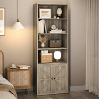 Libreria Garvee con ante, stile industriale, 6 ripiani, design rustico, legno, profondità 11,8", grigio, per soggiorno, ufficio, camera da letto