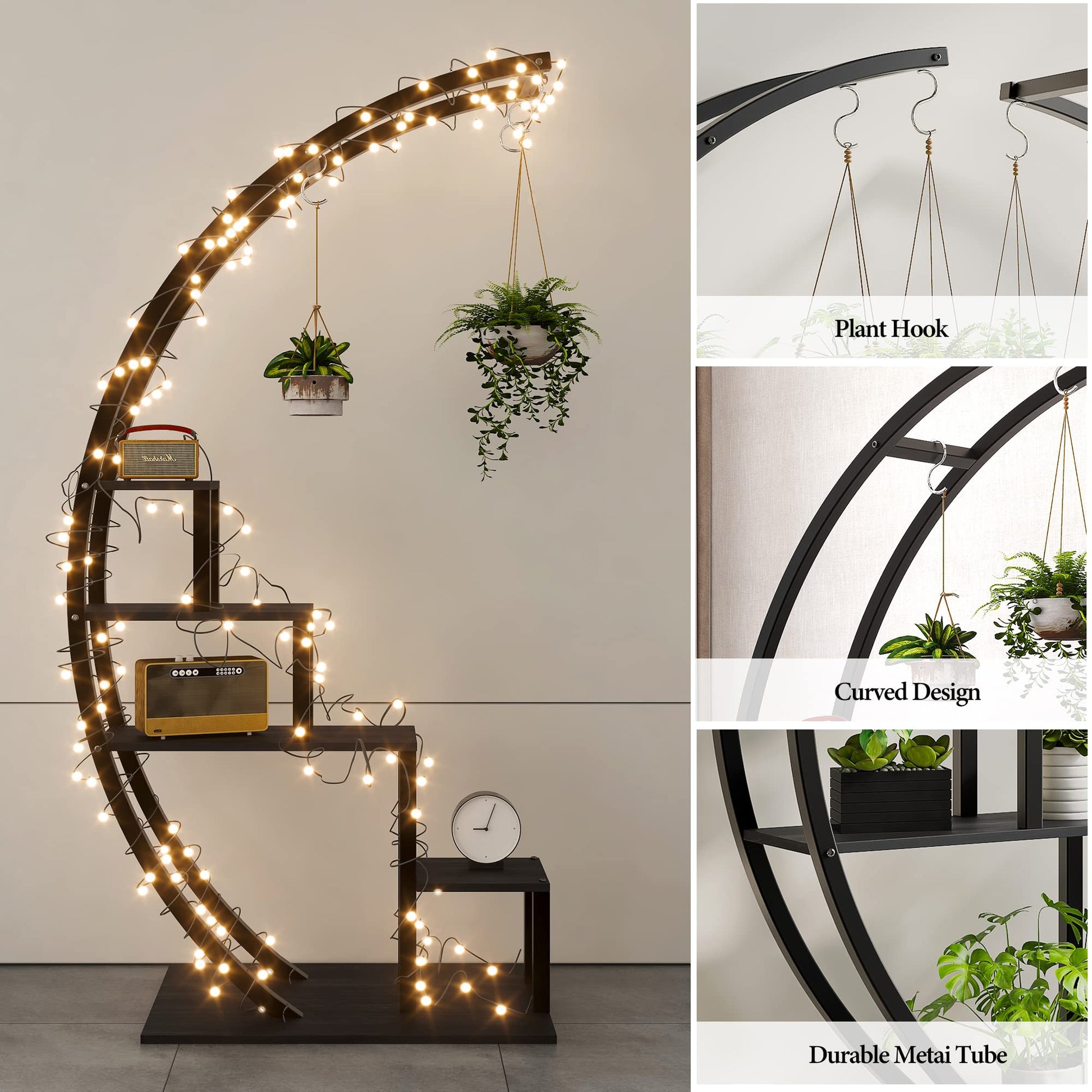 Garvee Plant Stand a 5 ripiani in metallo semicircolare, set da 2 pezzi per soggiorno e balcone, altezza 56" (nero)