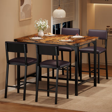 Set da pranzo Garvee per 4 persone con poggiapiedi e protezioni angolari, altezza bancone, sgabelli da bar imbottiti, legno e metallo, compatto, per cucina e appartamento, multicolore
