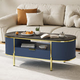 Garvee Tavolino da Caffè Ovale 122 cm Moderno Lusso con Piano in Marmo Finto, Profilo Curvo, Accenti Oro, Blu Navy per Soggiorno e Ufficio - Navy Blue