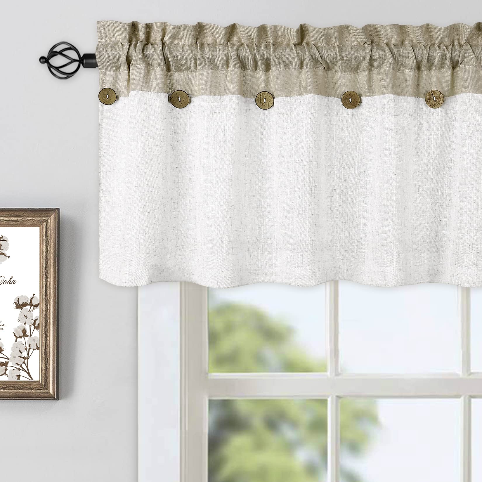 Tenda corta Garvee Vitrage Window Patchwork con bottoni decorativi, semitrasparente, beige, 132x38 cm, per cucina