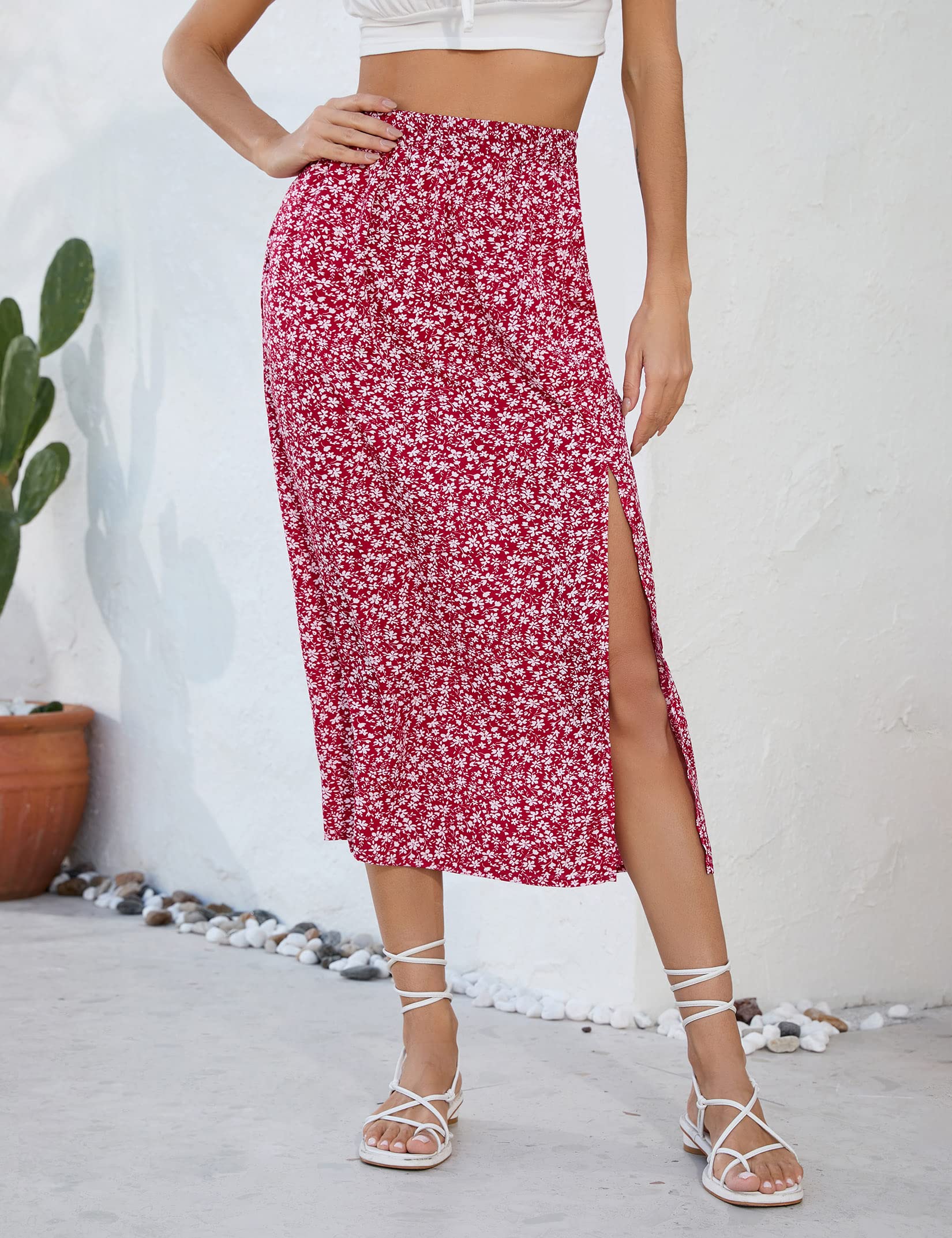 Garvee Gonna Donna A-Line con Spacco Floreale Boho Midi Alta Vita Stampata Casual Spiaggia Festa Lavoro Rosso A-Blumen L