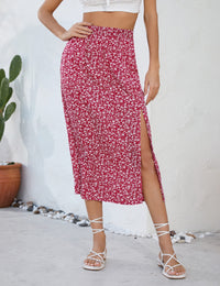 Garvee Gonna Donna A-Line con Spacco Floreale Boho Midi Alta Vita Stampata Casual Spiaggia Festa Lavoro Rosso A-Blumen L