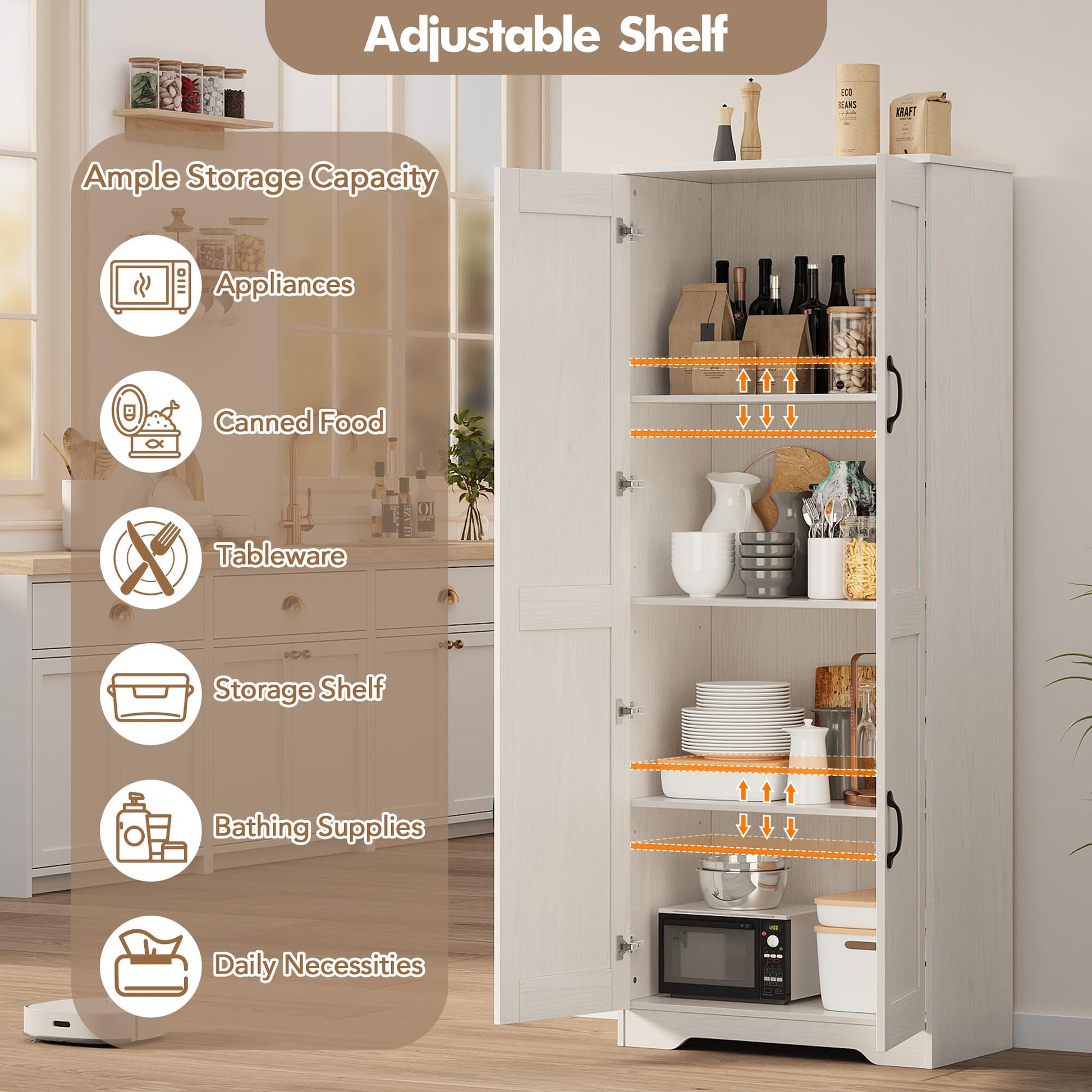 Mobile dispensa alto Garvee da 60" con 2 ante, ripiani regolabili, bianco, versatile per cucina e bagno
