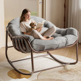 Sedia a dondolo Papasan da esterno Garvee, sedia a sdraio in rattan di grandi dimensioni con struttura in acciaio per balcone e giardino, grigia - bianco
