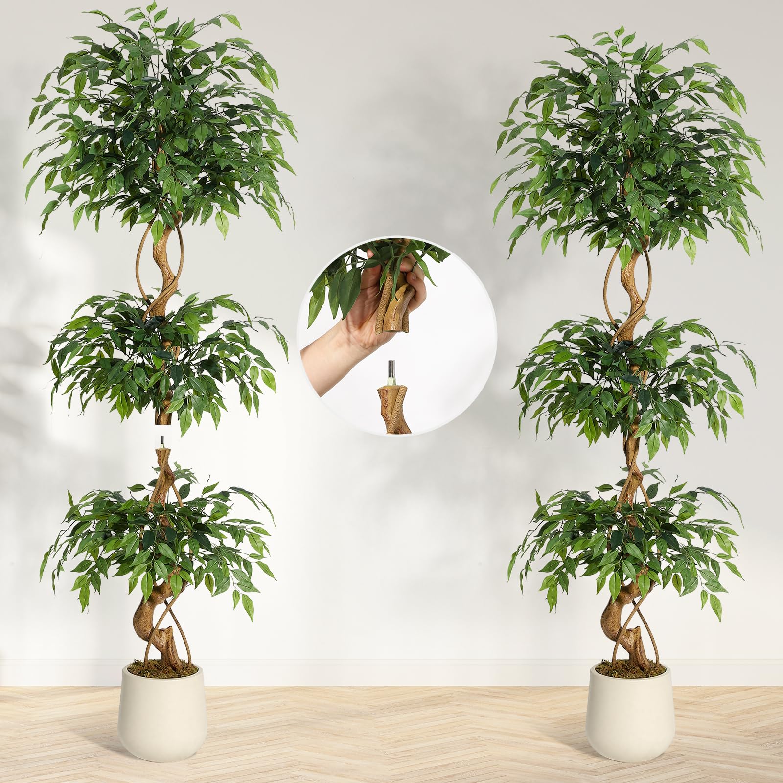 Albero artificiale Garvee Ficus da 6 piedi con tronco curvo, foglie di seta realistiche, vaso bianco per ufficio e soggiorno