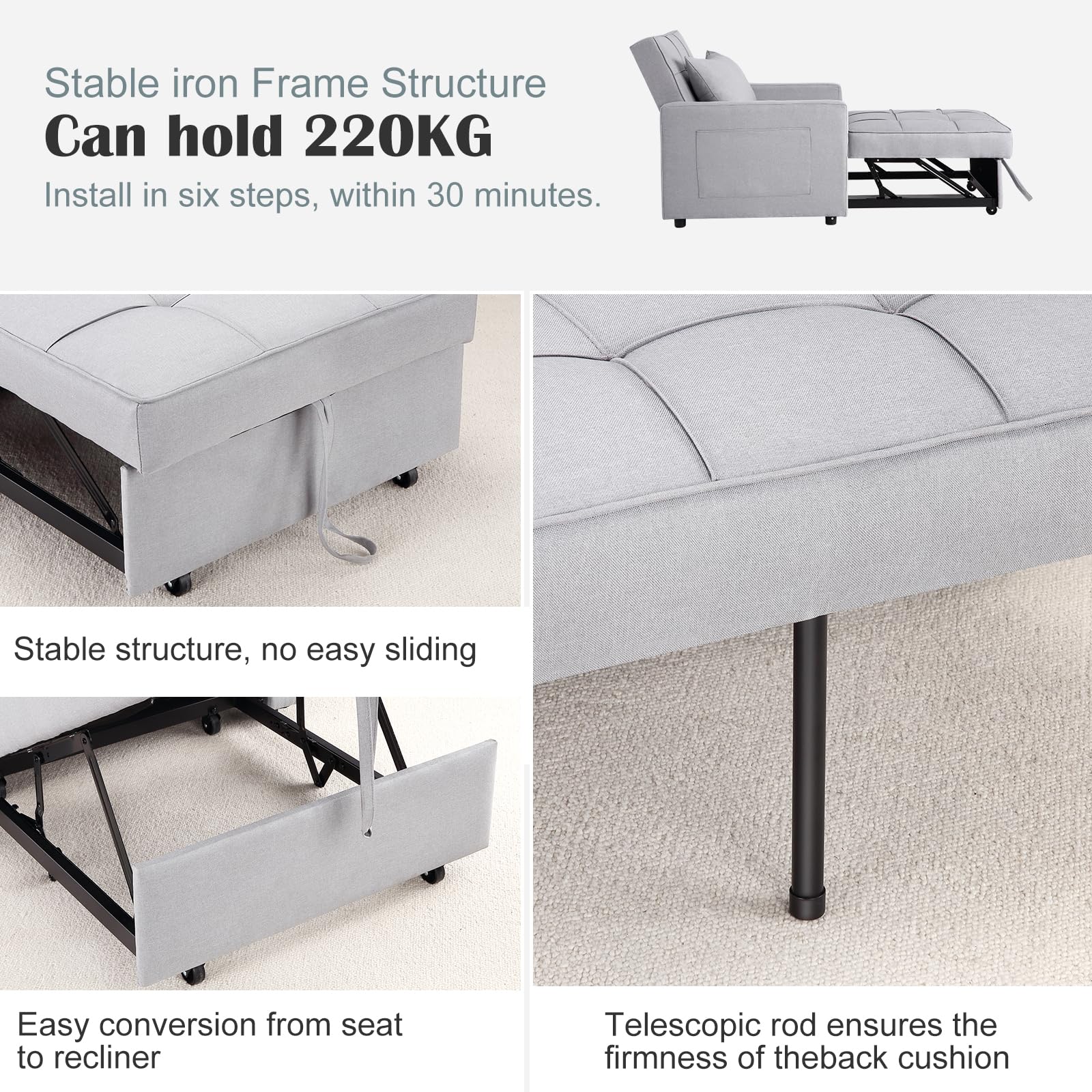 Divano letto/poltrona letto 3 in 1 Garvee con funzione letto, tessuto di lino, salvaspazio, 192 x 96 x 59 cm, grigio