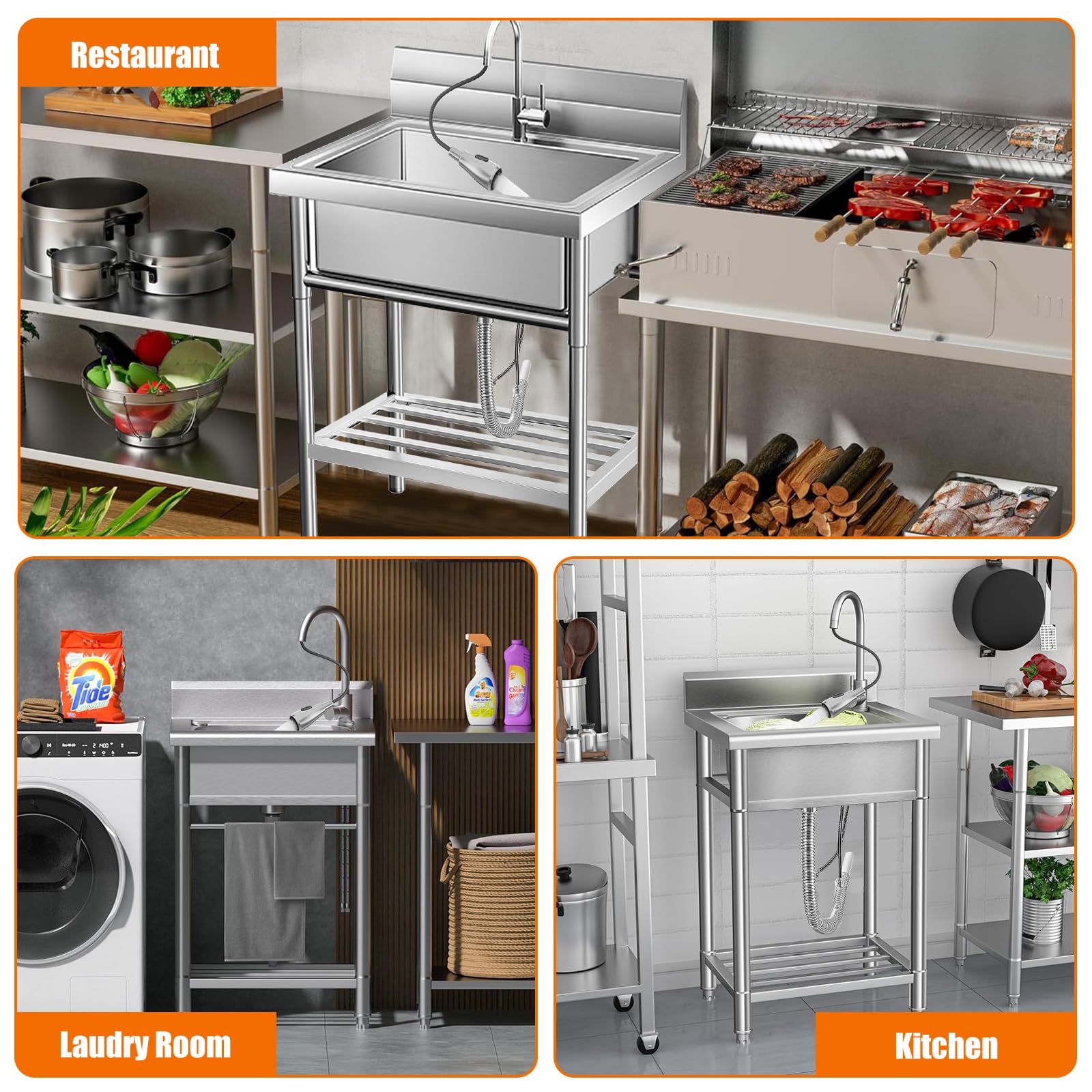 Lavello di servizio Garvee in acciaio inossidabile, acciaio 304, miscelatore termostatico, indipendente, per cucina e uso esterno, 86*50*50 cm, argento