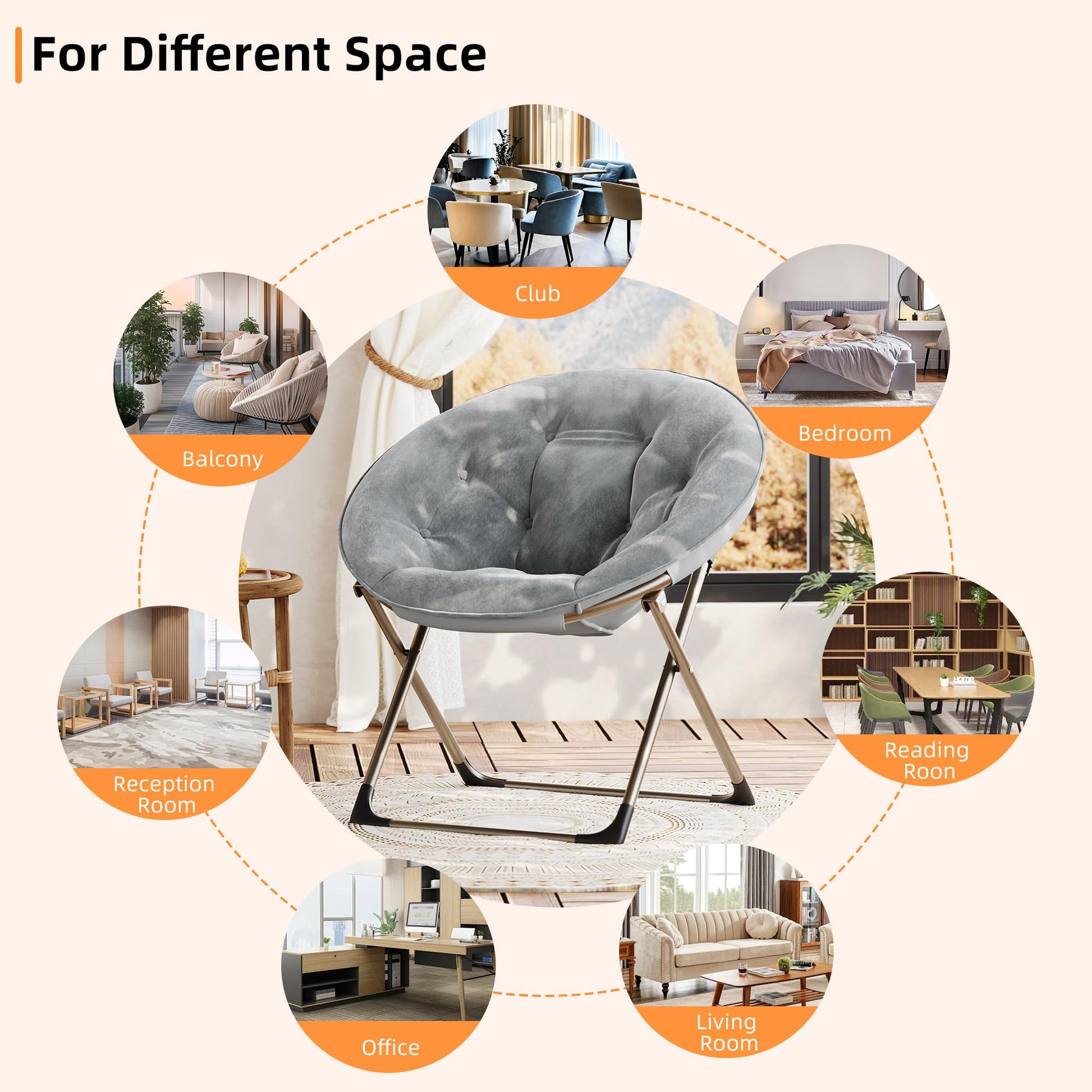 Sedia a forma di luna Garvee Saucer Chair con struttura in metallo pieghevole, fiore di peluche oversize, comoda e stabile per camera da letto e soggiorno, grigio