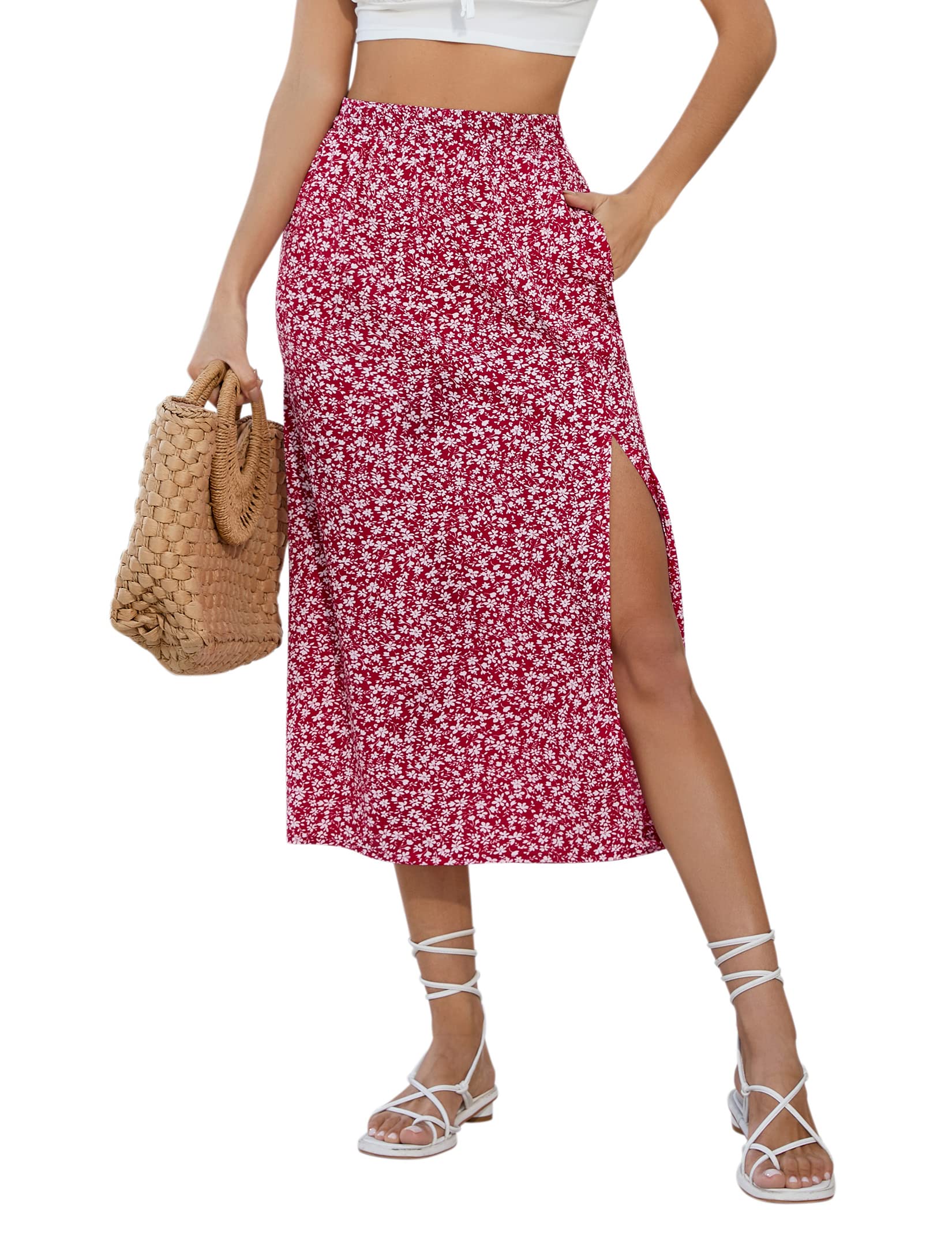 Garvee Gonna Donna A-Line con Spacco Floreale Boho Midi Alta Vita Stampata Casual Spiaggia Festa Lavoro Rosso A-Blumen L