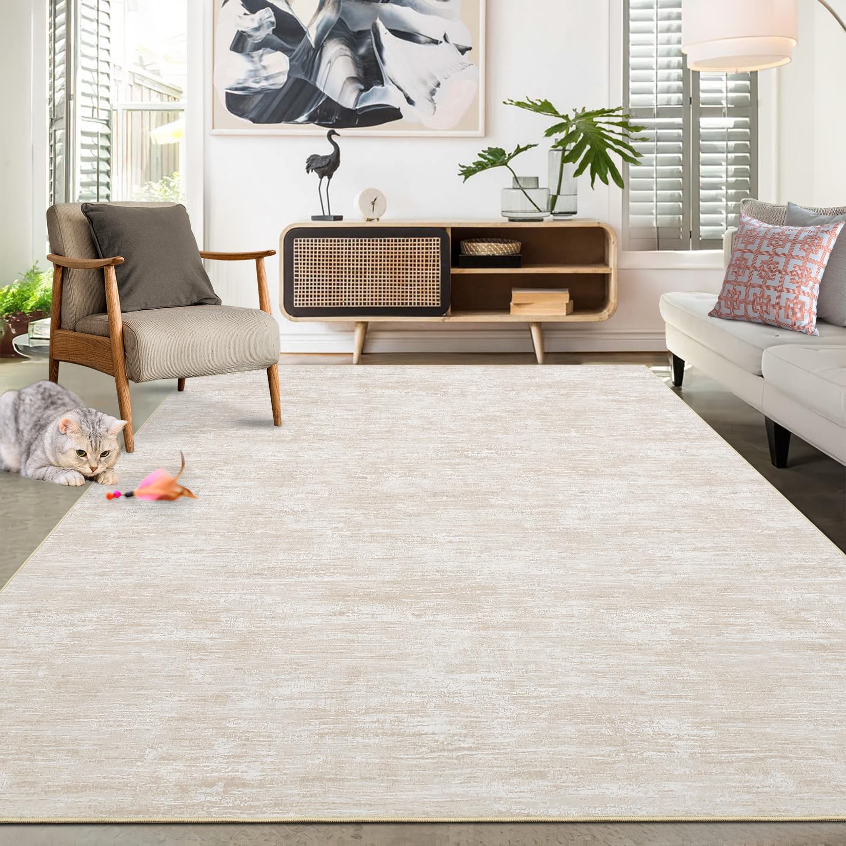 GARVEE Tappeto moderno grande, morbido, lavabile in lavatrice, antiscivolo, microfibra, pelo corto, beige, 200x290 cm, soggiorno, camera da letto, ufficio