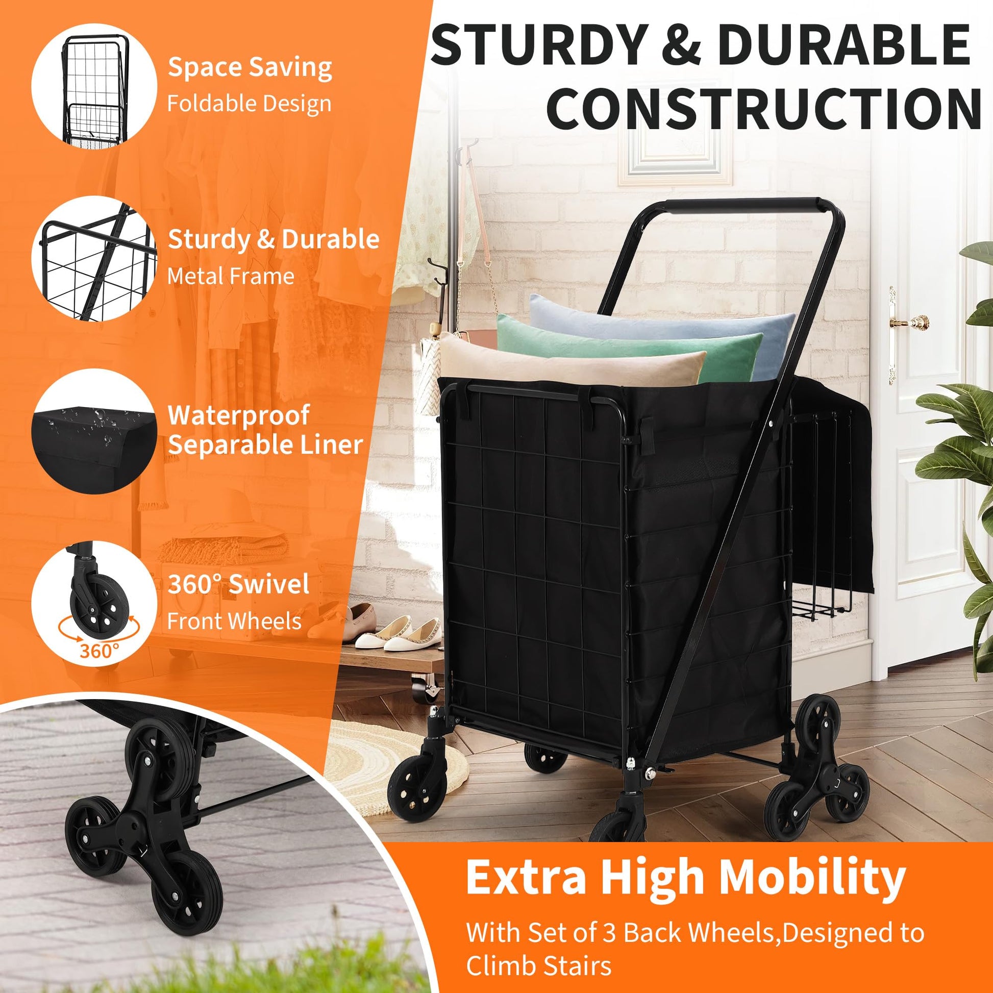 Carrello della spesa Garvee con saliscale e ruota a 360°, pieghevole, cestino impermeabile in Oxford 600D, robusto per la spesa e il campeggio, nero, grande