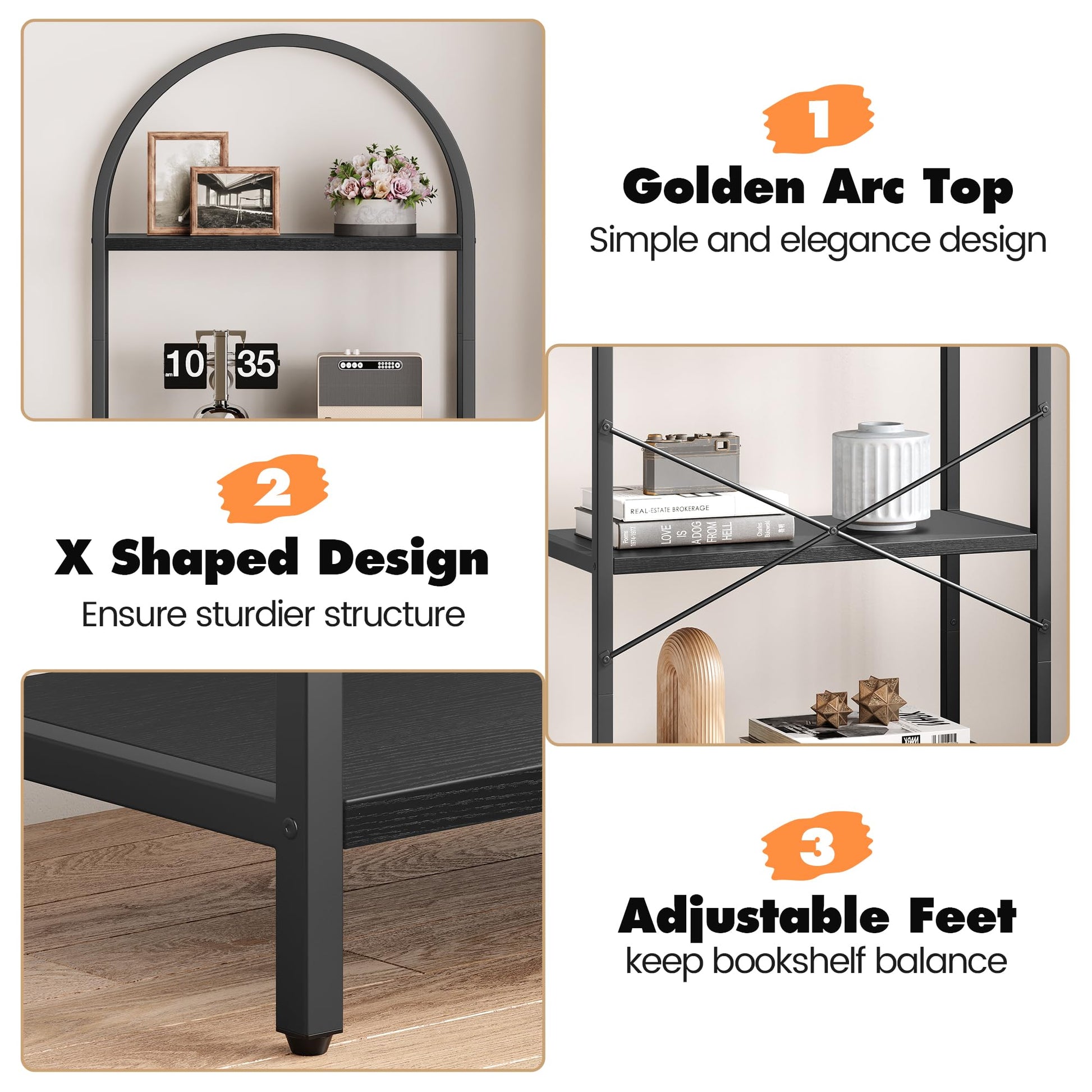 Libreria Garvee a 5 ripiani con struttura in metallo, ampio ripiano aperto, scaffalatura ad arco, nera per soggiorno e ufficio