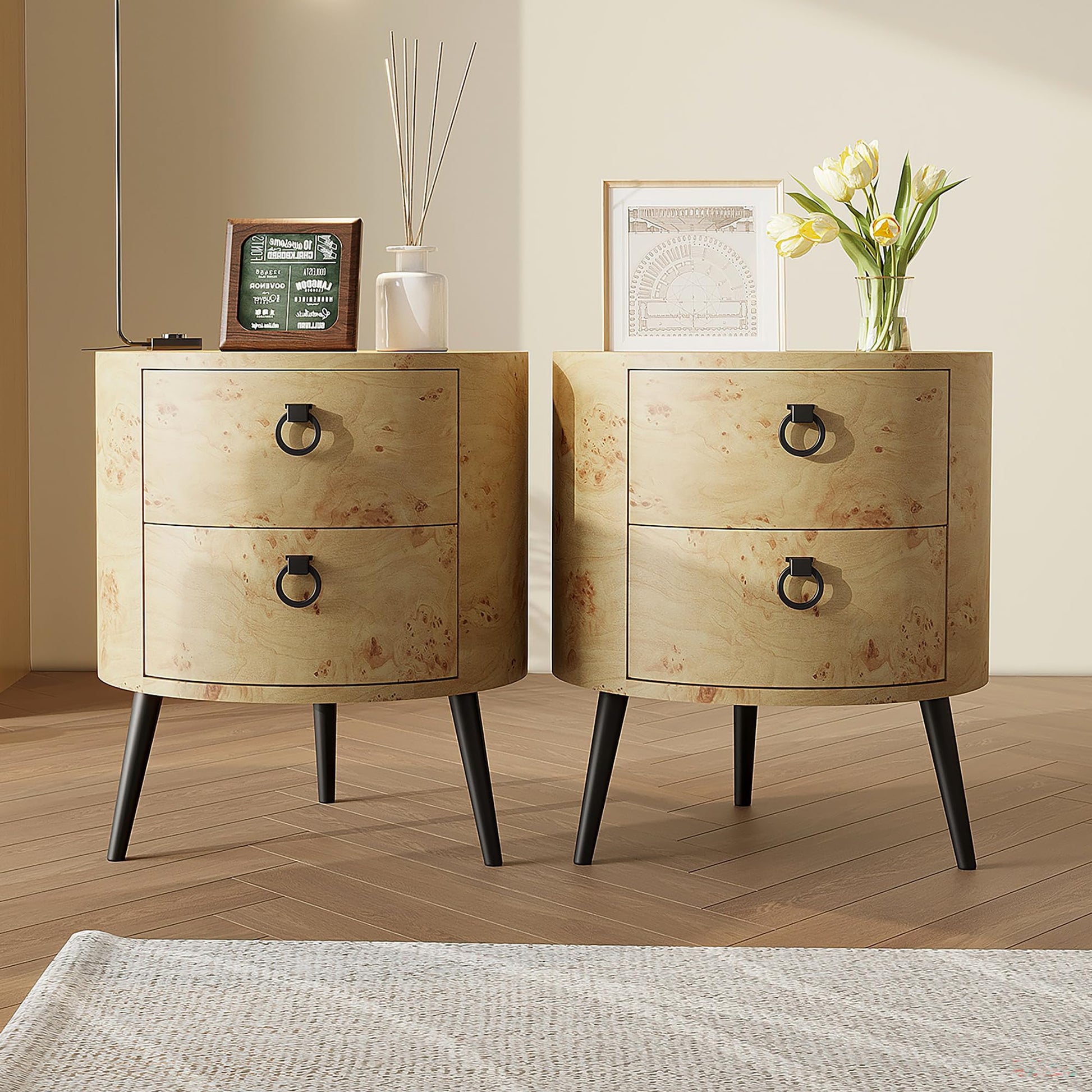 Tavolino rotondo Garvee con cassetti, gambe in legno e metallo, per soggiorno e camera da letto, 18,5" rotondo, legno naturale