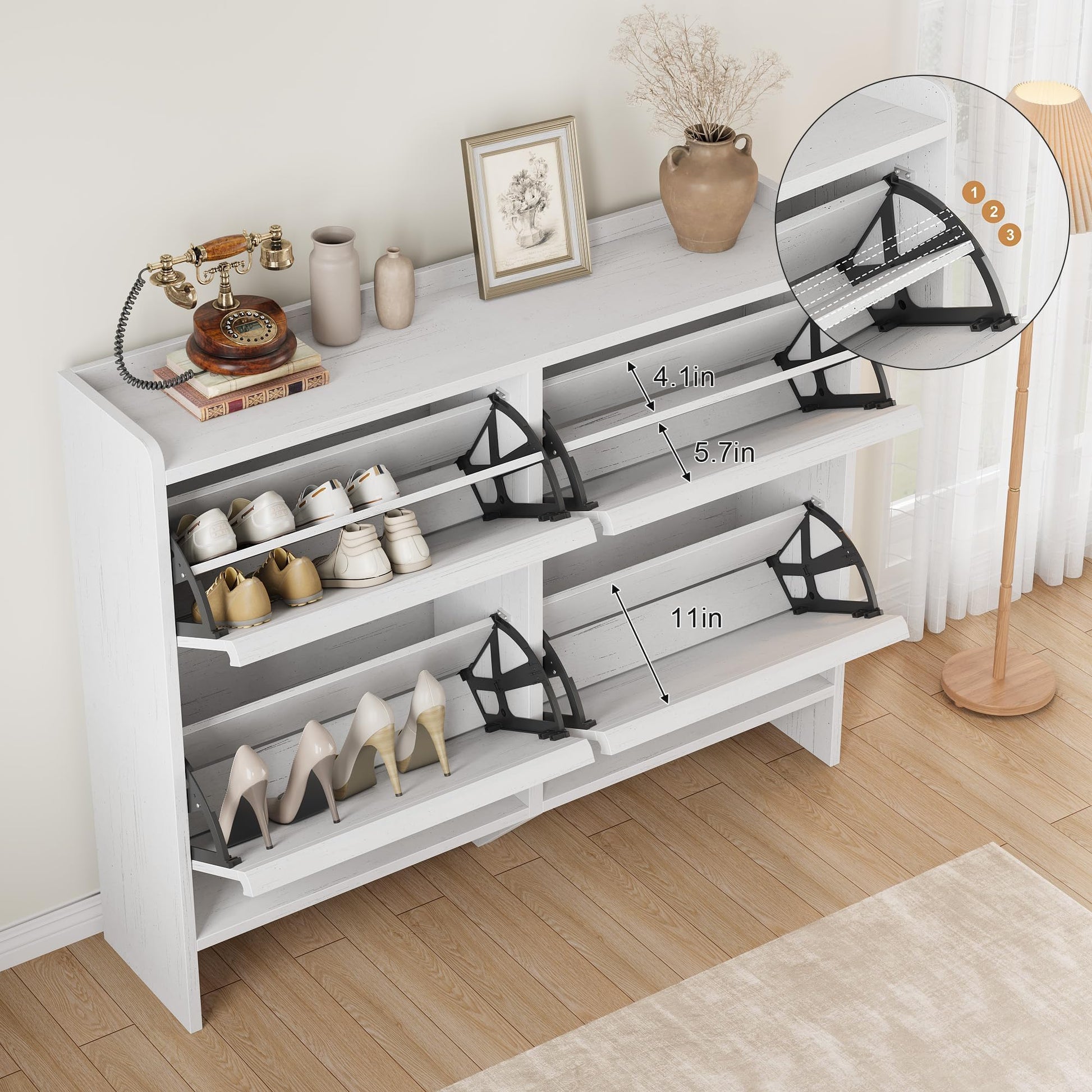 Garvee Mobile Porta Scarpe con 4 Cassetti Ribaltabili, Organizzatore in MDF Bianco per Ingresso e Soggiorno, Salvaspazio, 47.2"x10.3"x36.6"