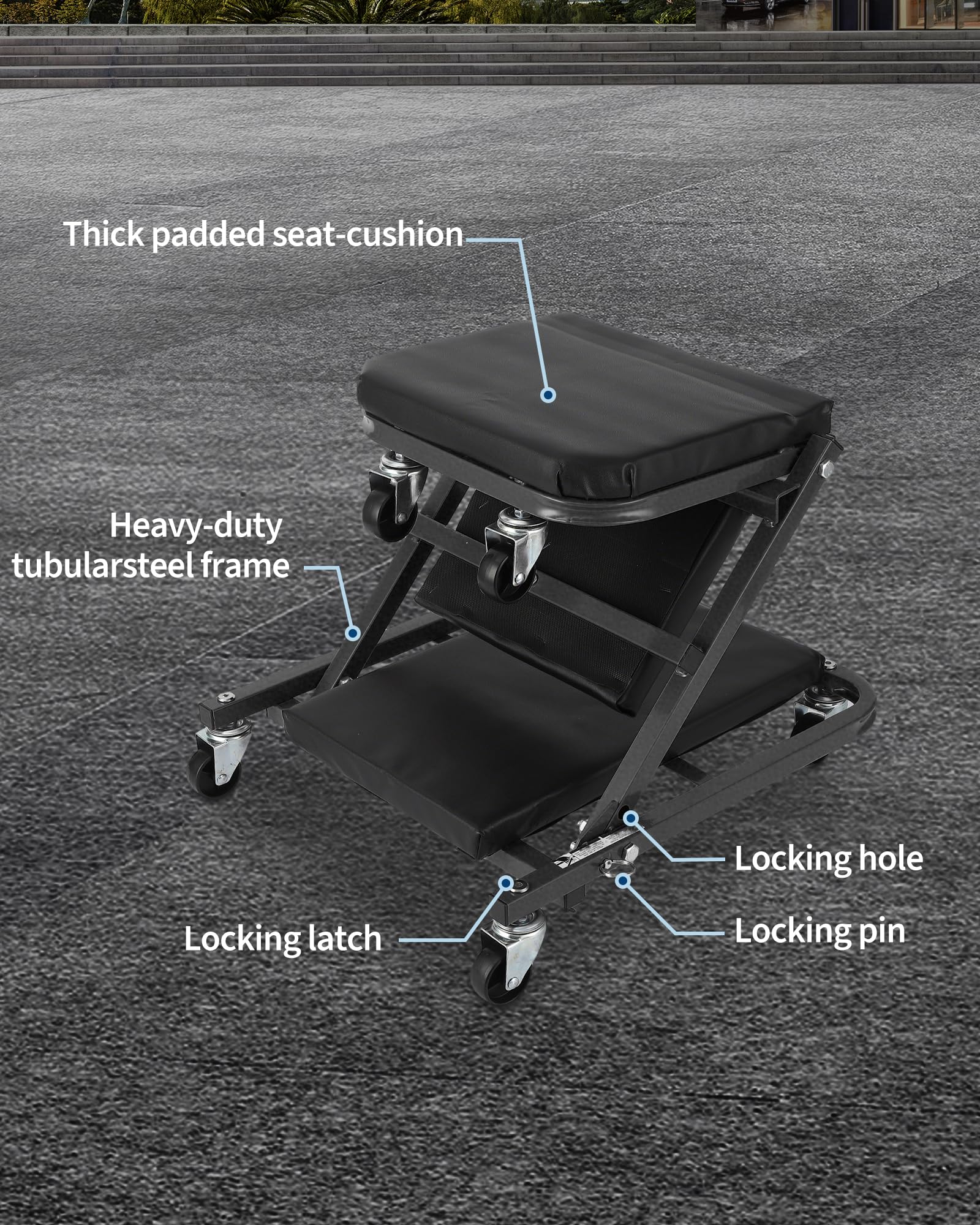 Sedile da meccanico Garvee Z-Creeper da 36" con 6 ruote, pieghevole, telaio in acciaio, imbottito per officina e riparazione auto, 36 pollici, nero