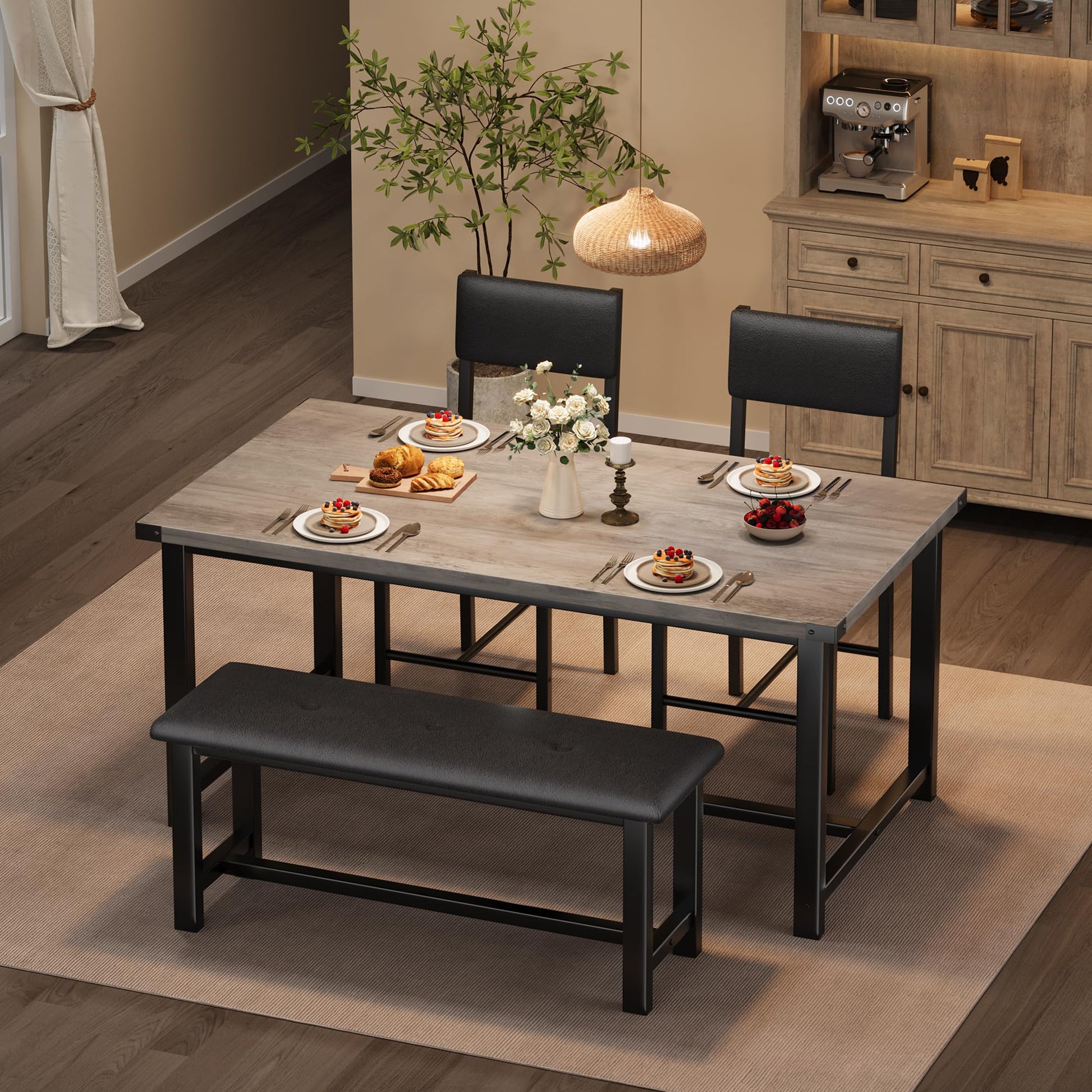 Set da pranzo Garvee per 4 persone con tavolo, seduta imbottite e panca, legno MDF, robusto, salvaspazio, facile da pulire, piccoli appartamenti