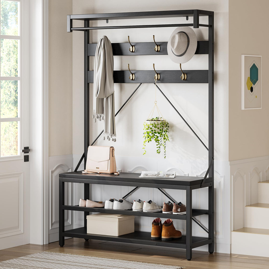 Appendiabiti industriale Garvee with 8 ganci, effetto legno, struttura in metallo, piedini regolabili per corridoio 39.9"x15.7"x72"