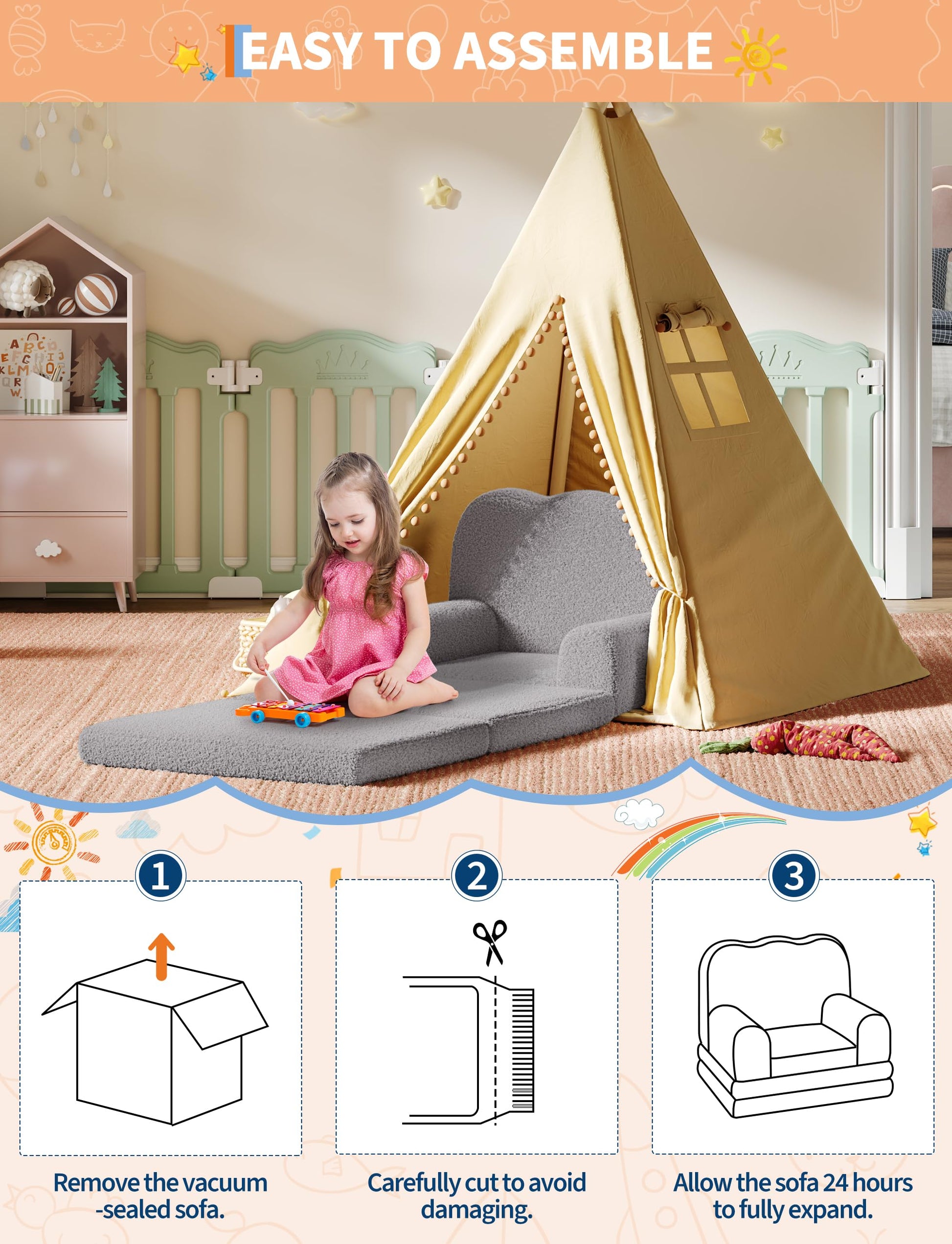 Divano per bambini Garvee 2 in 1 in pile Teddy grigio per sala giochi e cameretta dei bambini pieghevole morbido versatile
