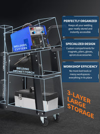 Carrello Saldatura Garvee 3 Ripiani con Ruote 360° e Fibbie Sicurezza, Acciaio Q235 Resistente Nero - Ideale per Festa del Papà in Officina e Cantiere