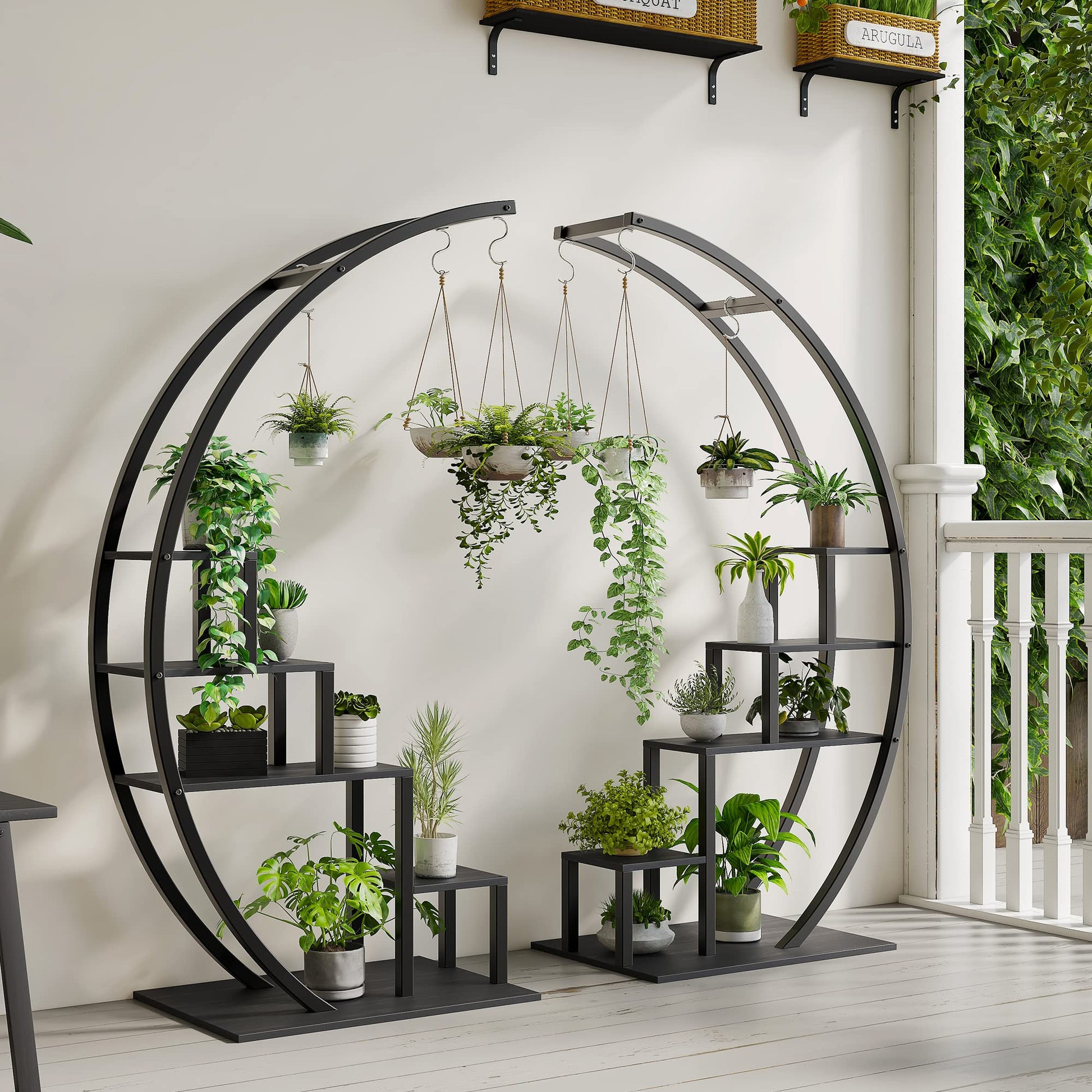 Garvee Plant Stand a 5 ripiani in metallo semicircolare, set da 2 pezzi per soggiorno e balcone, altezza 56" (nero)