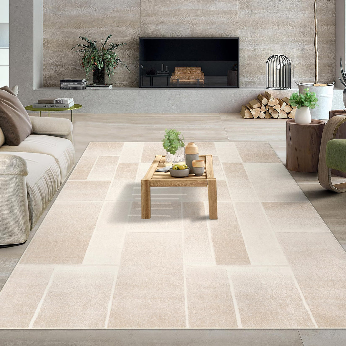 Tappeto moderno Garvee, geometrico, beige, lavabile, 120x170 cm, antiscivolo, a pelo corto, per soggiorno, camera da letto, cucina
