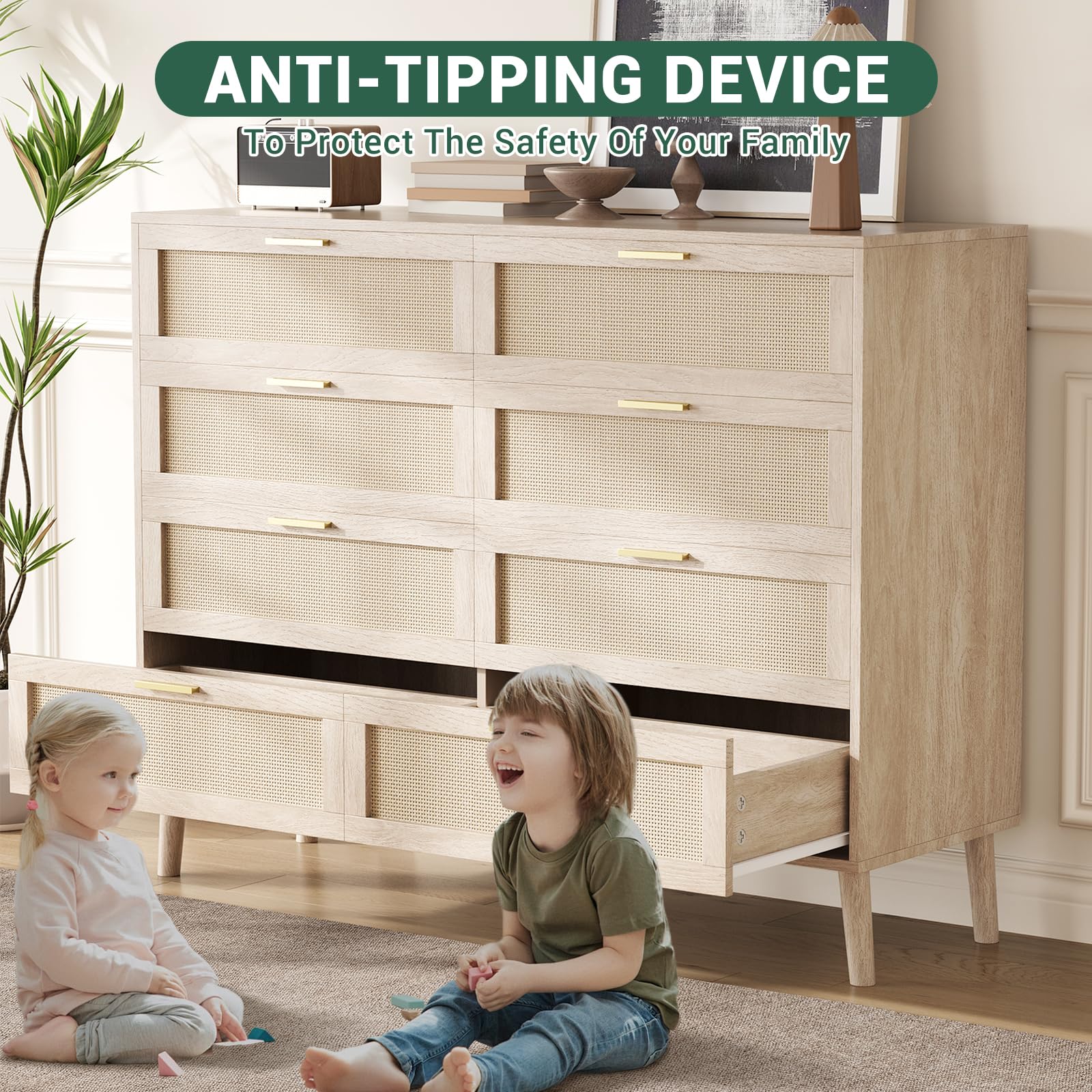 Cassettiera in rattan Garvee con 8 cassetti, spaziosa e robusta, per camera da letto e corridoio, colori naturali