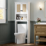 Mobiletto portaoggetti sopra il WC Garvee con ante in rattan, ripiano regolabile, legno, bianco, per bagno e lavanderia