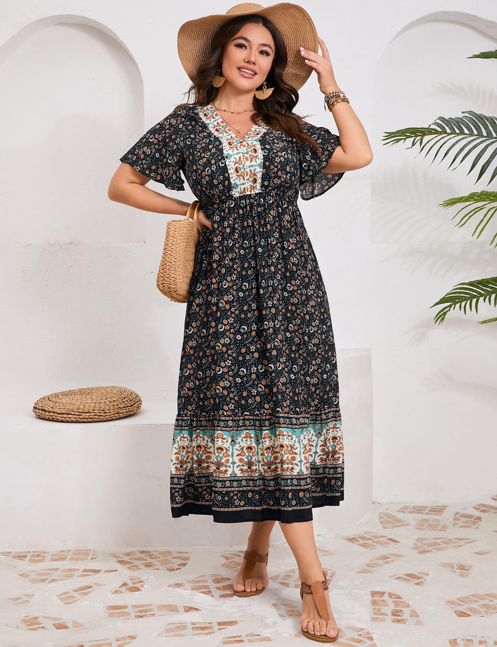 Garvee Abito estivo da donna in stile boho, a maniche corte, midi, con scollo a V, da spiaggia, lungo, floreale, con volant, casual, nero, taglia L