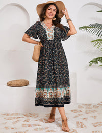 Garvee Vestito Estivo Donna Boho Midi con Maniche Corte Nero Taglia L per Spiaggia e Tempo Libero