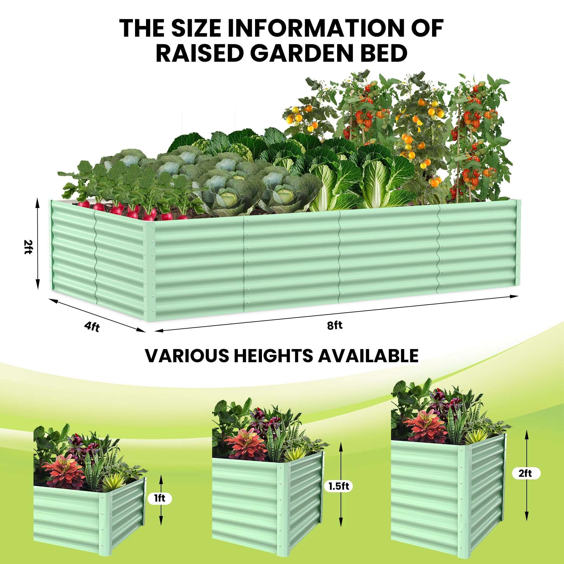 Aiuola rialzata Garvee, in metallo, 8x4x2 piedi, verniciata a polvere verde, per giardino e patio, resistente, antiruggine