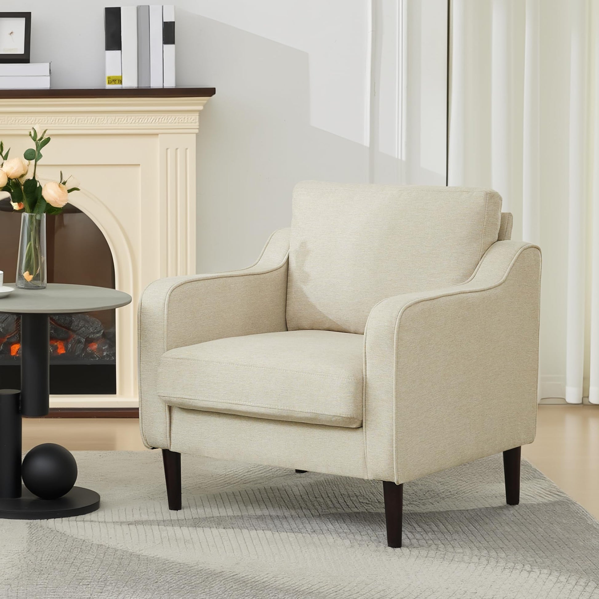 Poltrona Garvee Mid-Century, tessuto di lino, beige, per soggiorno e ufficio, 30"L x 32"A, comoda seduta in schiuma, struttura in legno