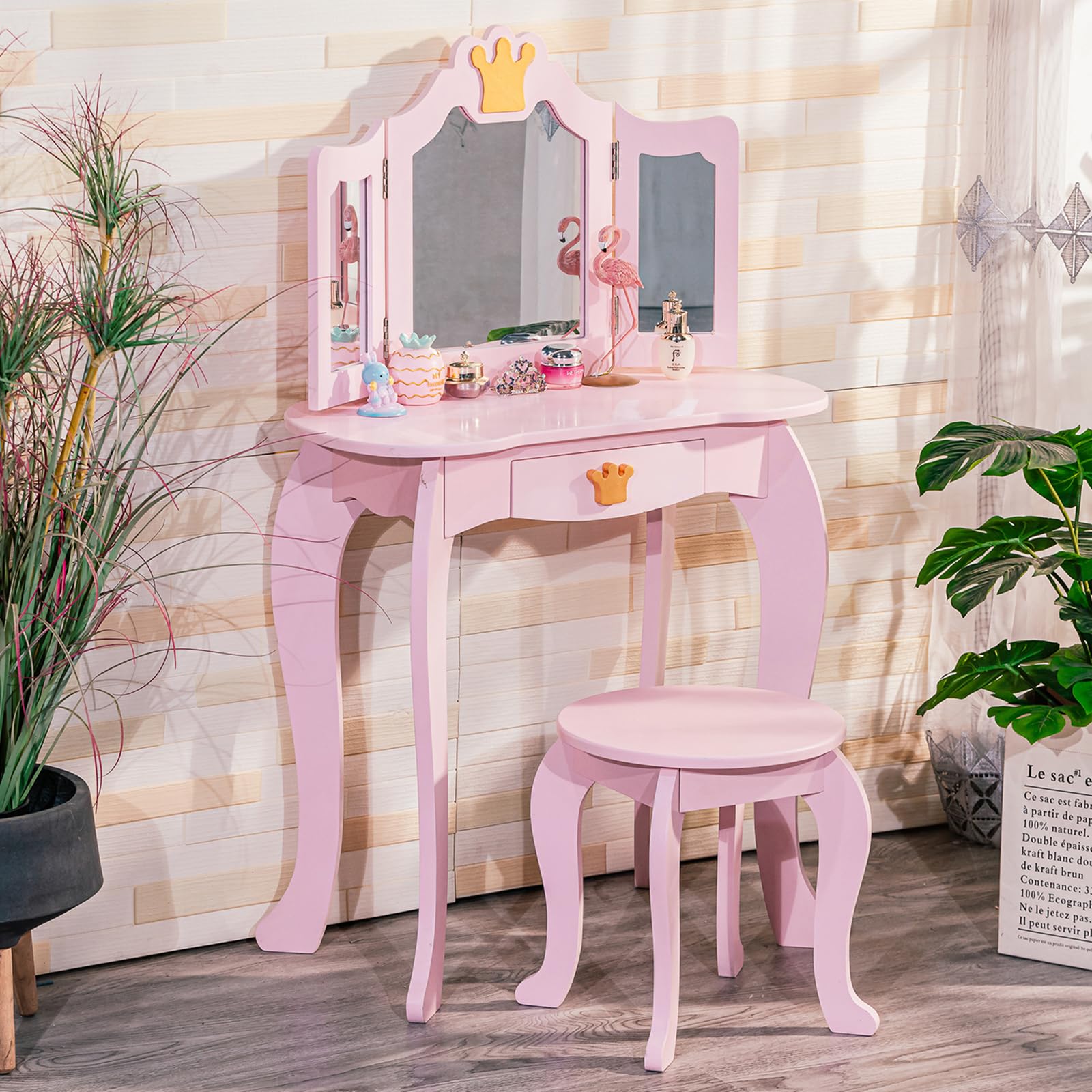 Garvee Tocador Infantil De Madera 2 En 1 Con Espejo Triple Plegable Y Cajón Para Niñas, Diseño Princesa, MDF Resistente, Taburete, Habitación Infantil