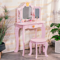 Garvee Tocador Infantil De Madera 2 En 1 Con Espejo Triple Plegable Y Cajón Para Niñas, Diseño Princesa, MDF Resistente, Taburete, Habitación Infantil