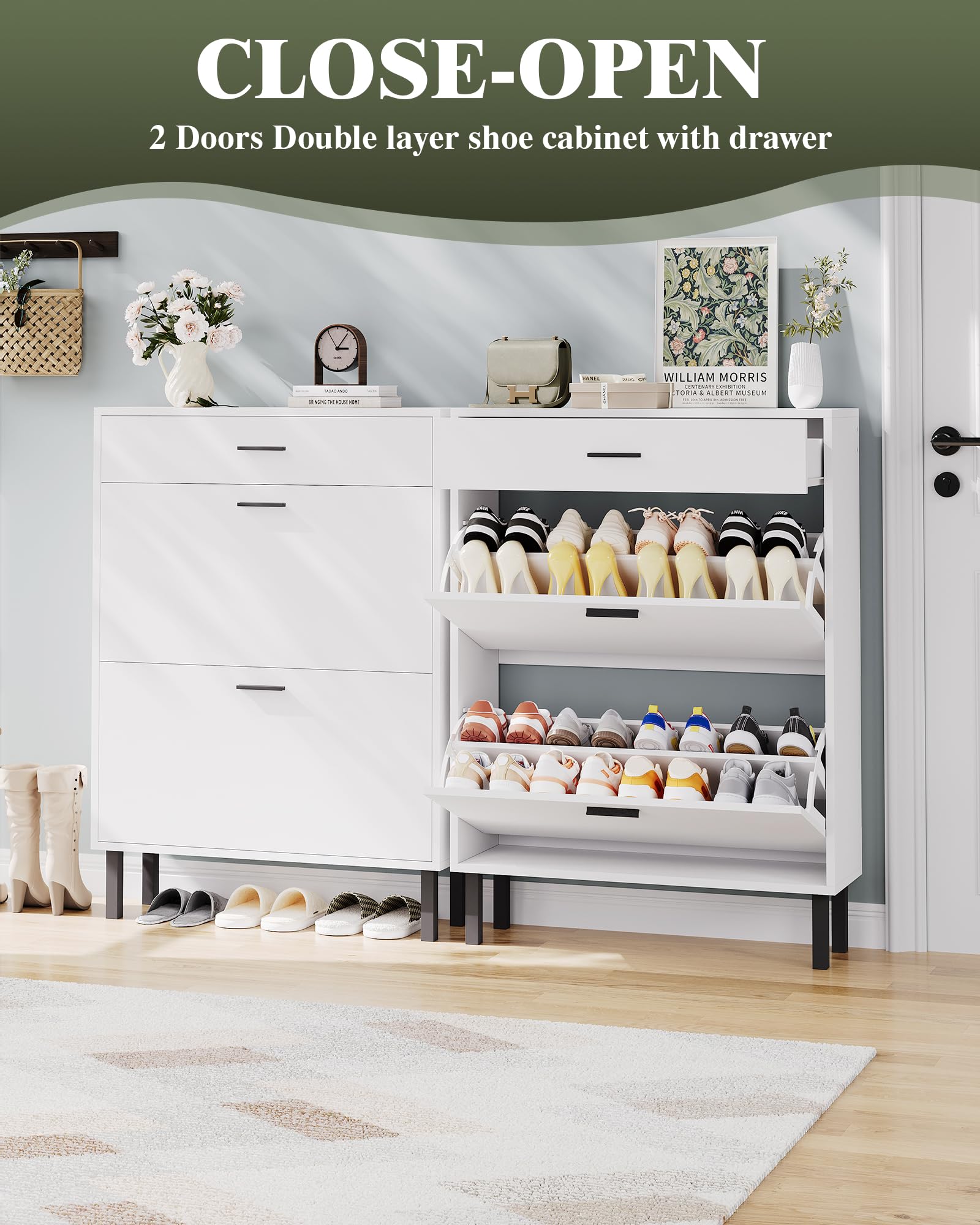 Scarpiera stretta Garvee con 3 cassetti e ripiani regolabili per corridoio e soggiorno, in legno MDF, antiribaltamento, moderna, colore naturale