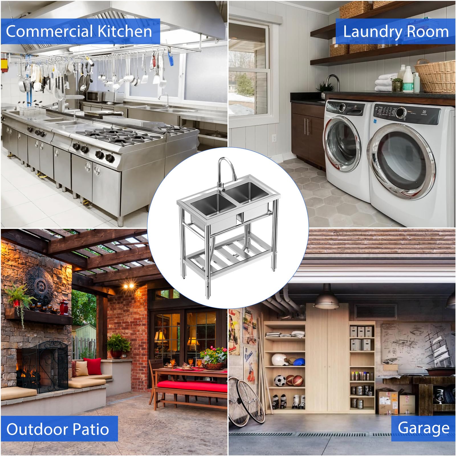 Lavello doppio in acciaio inossidabile Garvee da 33 pollici per garage e giardino, rubinetti per acqua calda e fredda, argento antiruggine, indipendente