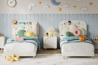 Struttura per letto singolo Garvee con rivestimento in velluto e testiera a libreria per cameretta dei bambini, bianco crema, gambe in acciaio robuste, silenzioso, facile da montare