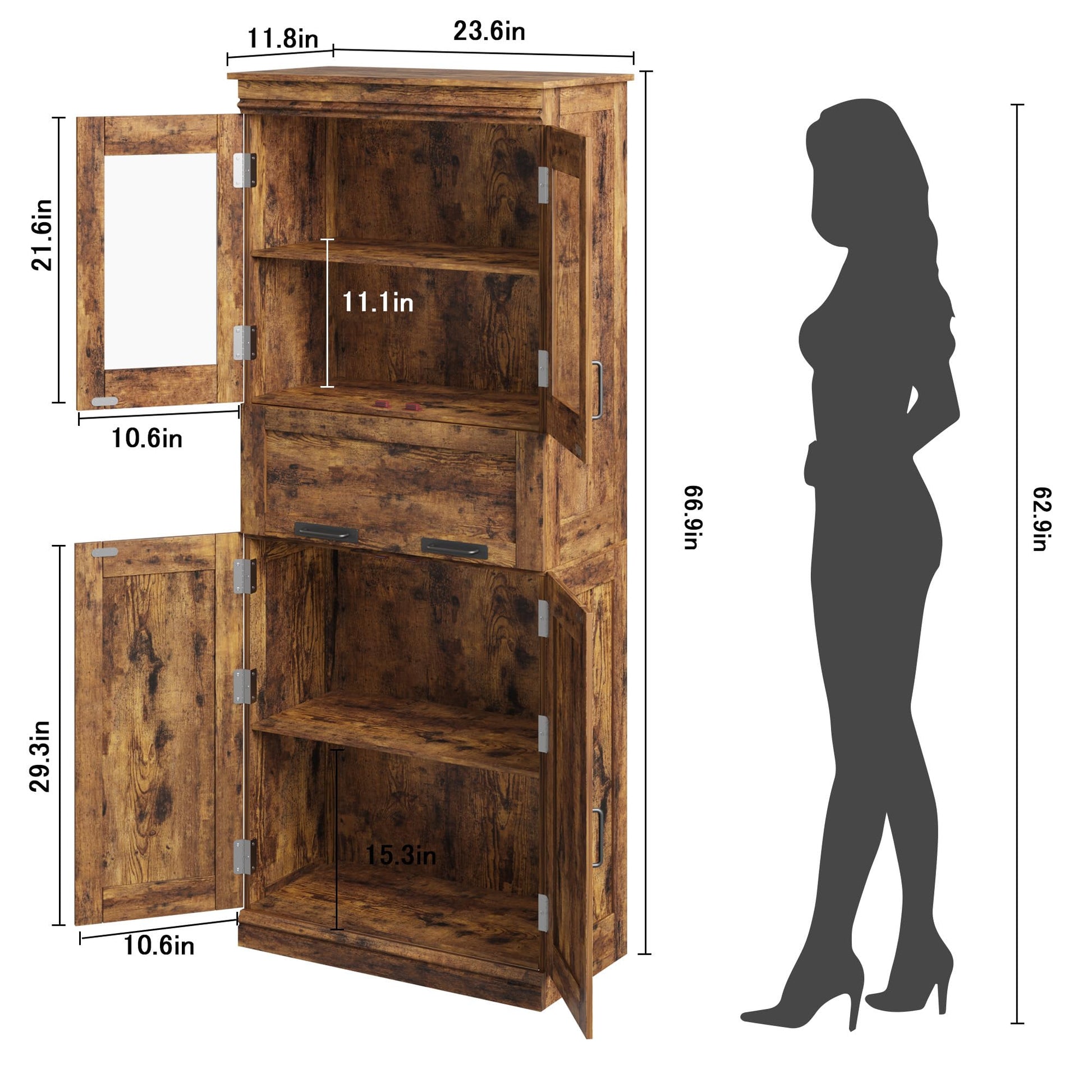 Mobiletto da bagno alto Garvee da 67" con 4 ante e cassetto in vetro per bagno e cucina, ripiani regolabili, marrone rustico, MDF, robusto e moderno