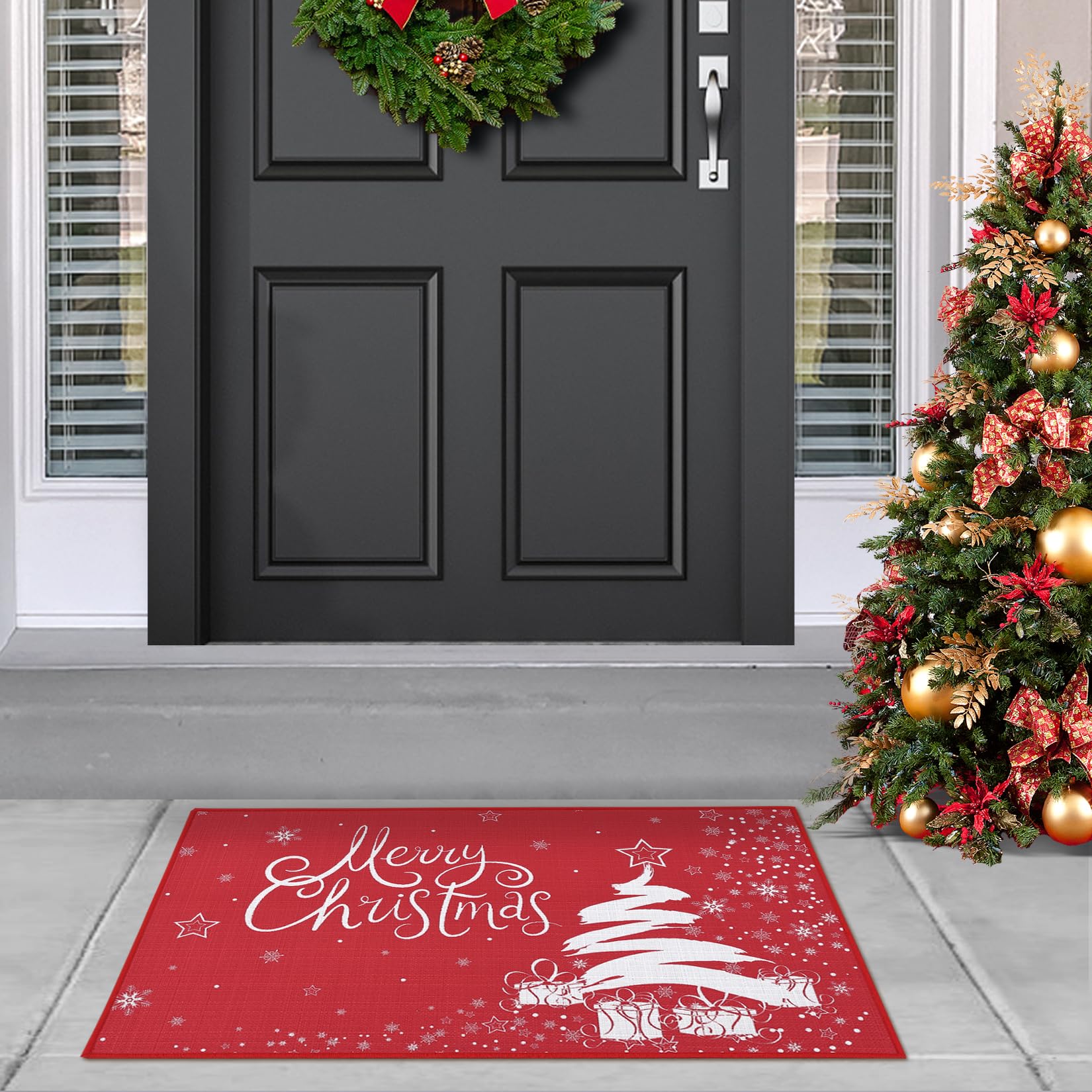 Garvee Grande Zerbino Natalizio Antiscivolo Con Albero Di Natale Rosso E Fiocchi Di Neve, 50x80cm, Imitazione Canapa, Per Ingresso Casa E Feste