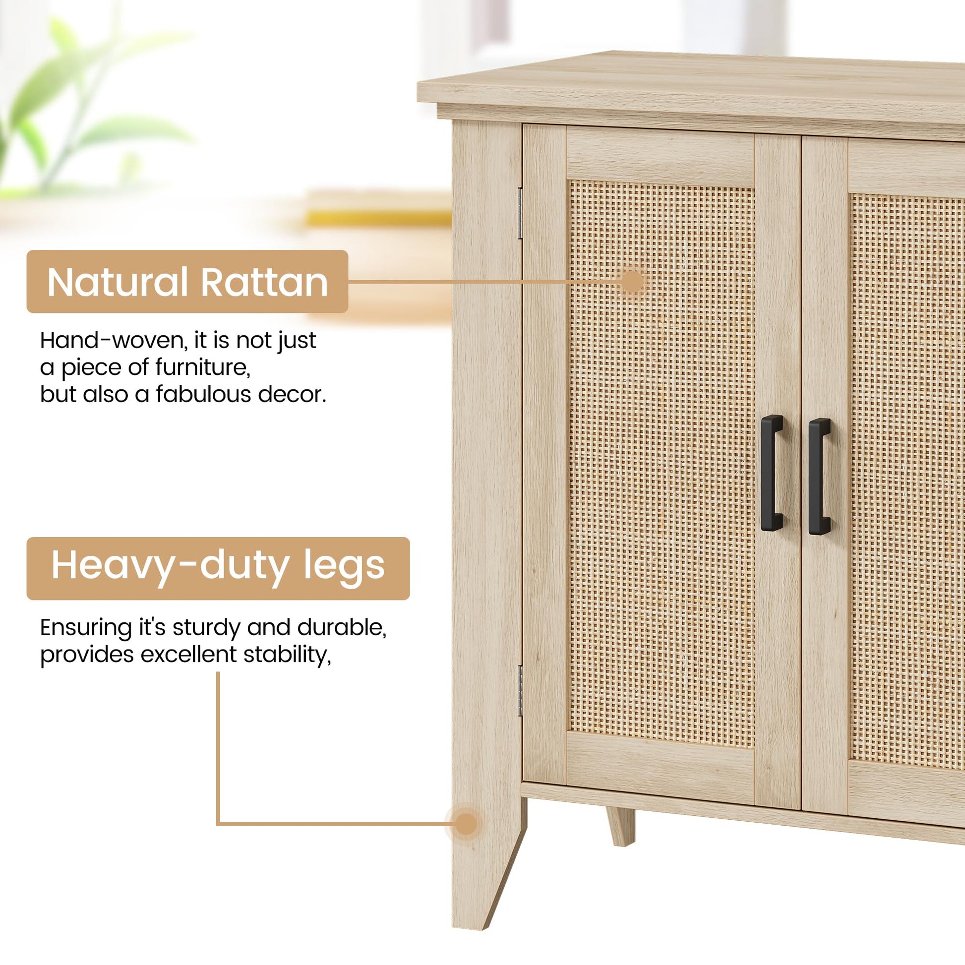 Mobiletto portaoggetti piccolo Garvee con ante e ripiani, credenza in rattan per soggiorno e cucina, 30"x15.8"x31.5", colore naturale