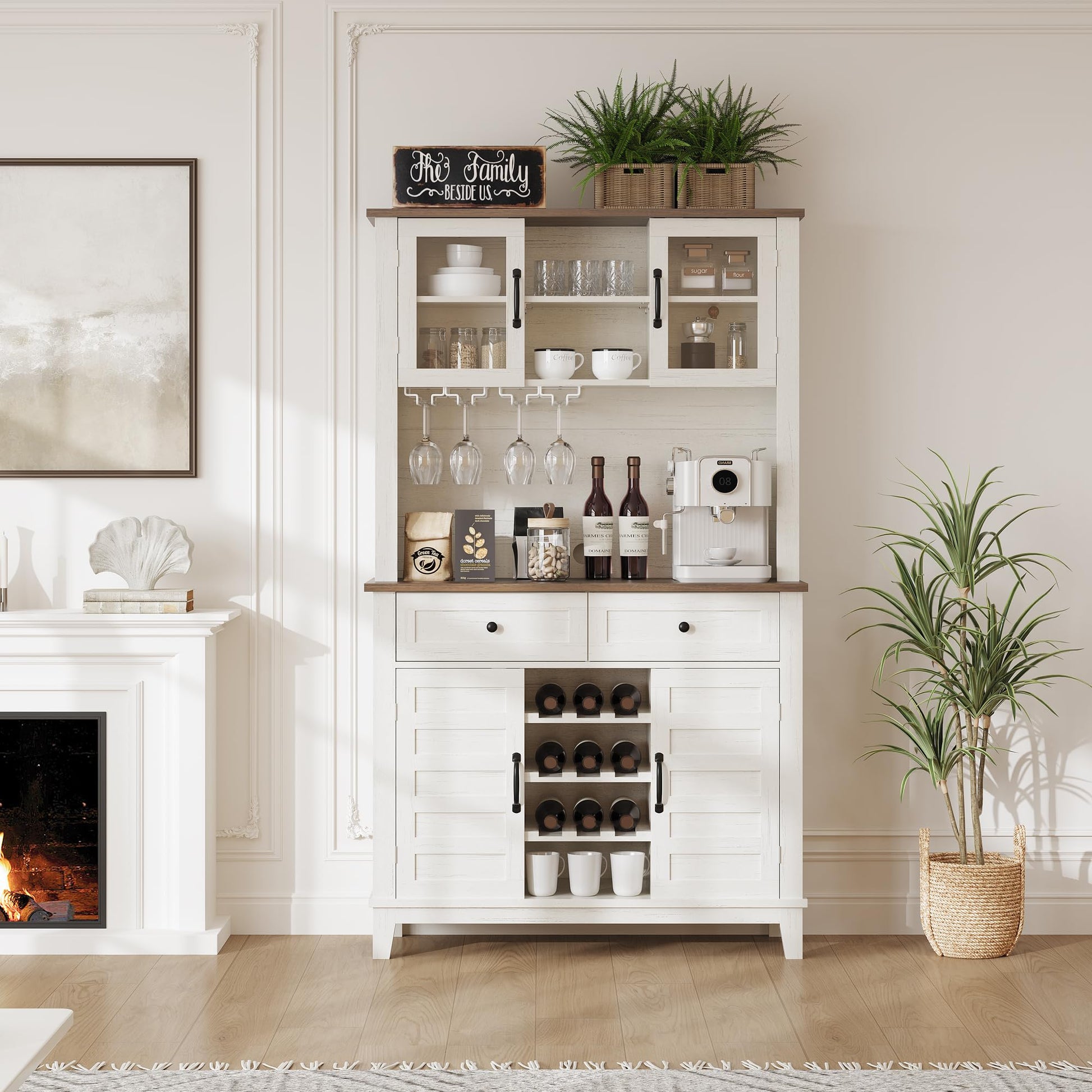 Mobile da cucina Garvee alto 72" con 4 ante, portabottiglie, cassetti, bianco, sala da pranzo, angolo bar, legno, ripiani regolabili