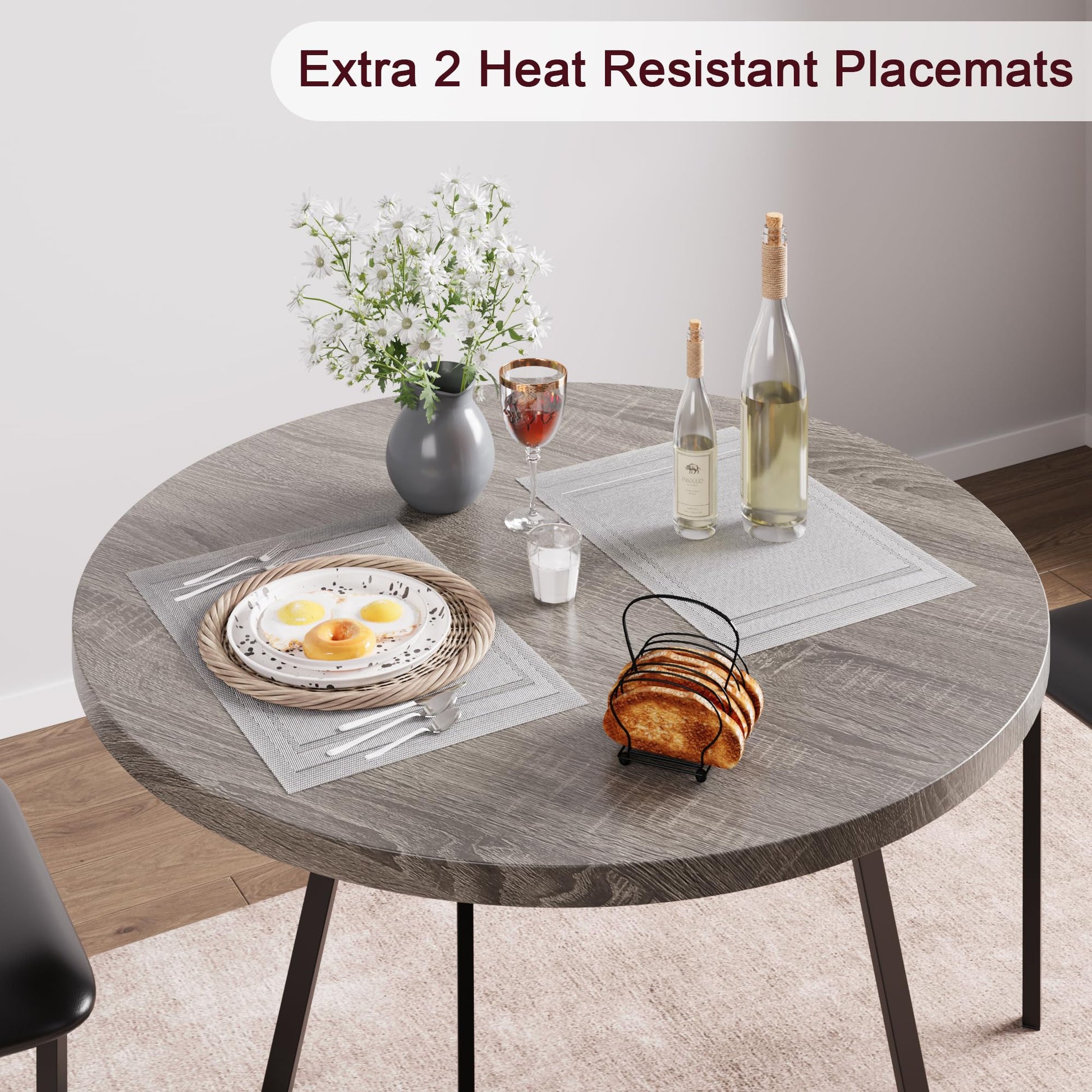 Tavolo da pranzo rotondo Garvee per 2 persone con 2 sedie imbottite, struttura in metallo robusto, piano in MDF, grigio retrò, salvaspazio per stanze piccole